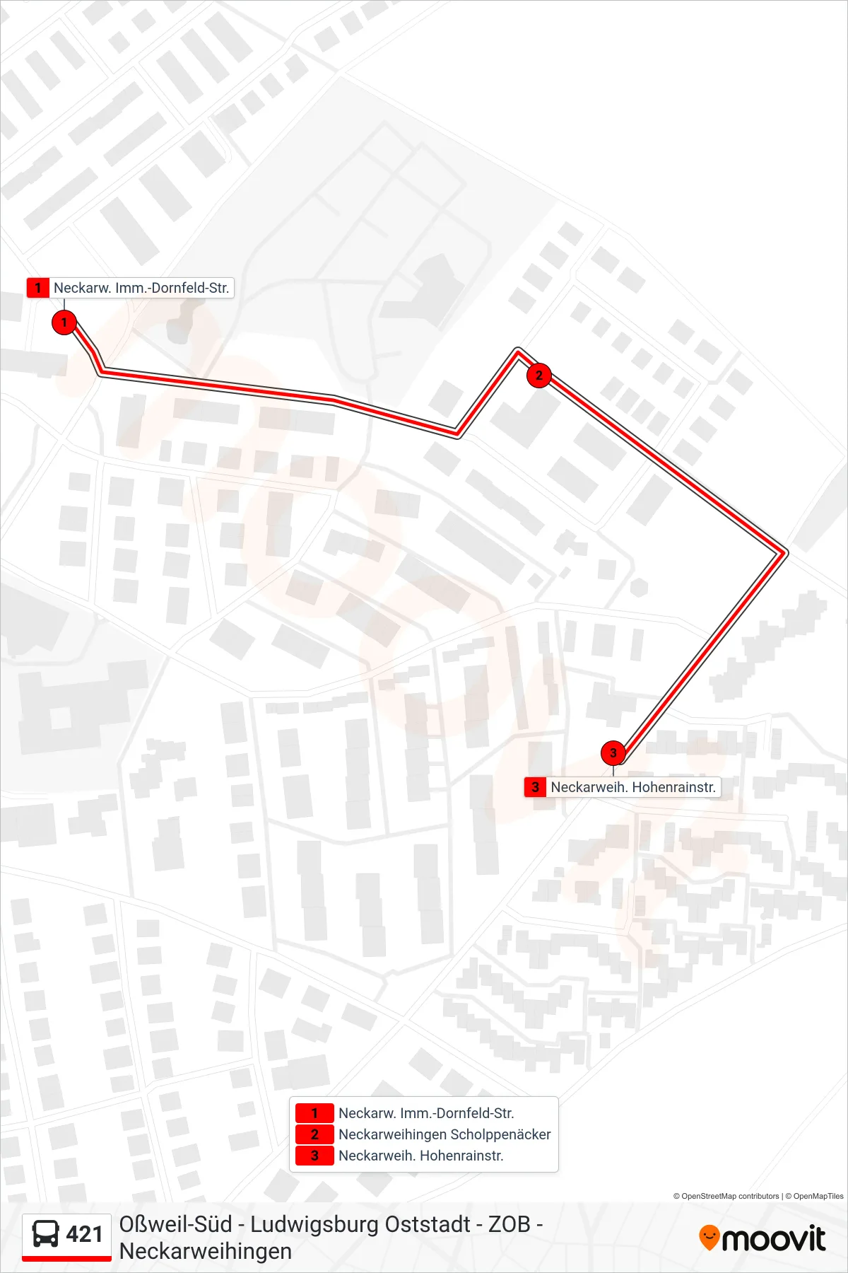 Linie 421 (Bus) Richtung Neckarweih. Hohenrainstr.: Route und Haltestellen auf der Karte