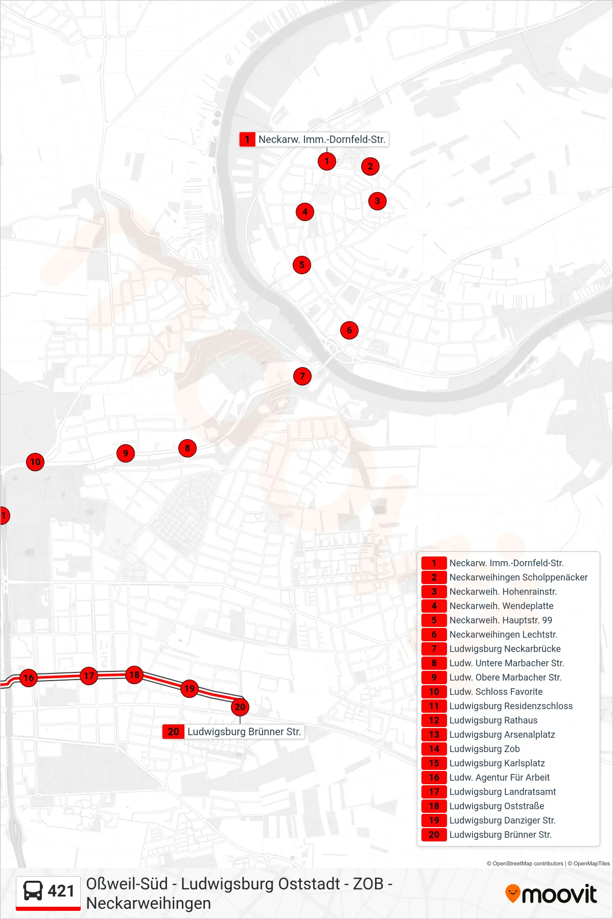 421 bus Line (Ludwigsburg Brünner Str.) route and stops on a map