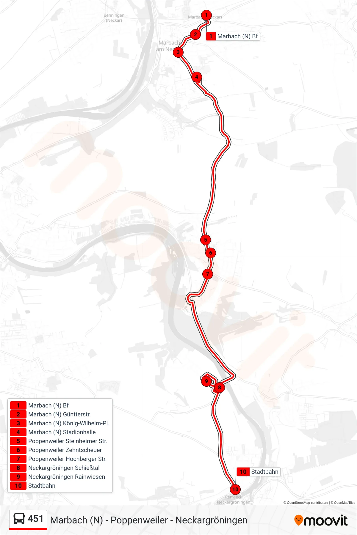 Linie 451 (Bus) Richtung Neckargr. Stadtbahn: Route und Haltestellen auf der Karte
