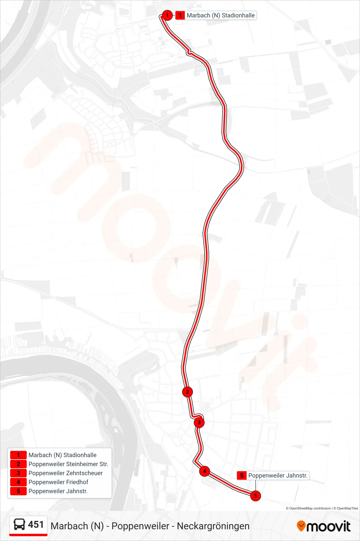 451 bus Line (Poppenweiler Jahnstr.) route and stops on a map