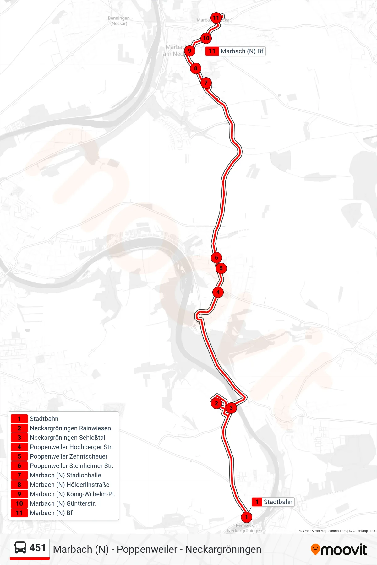 451 bus Line (Marbach (N) Bf) route and stops on a map