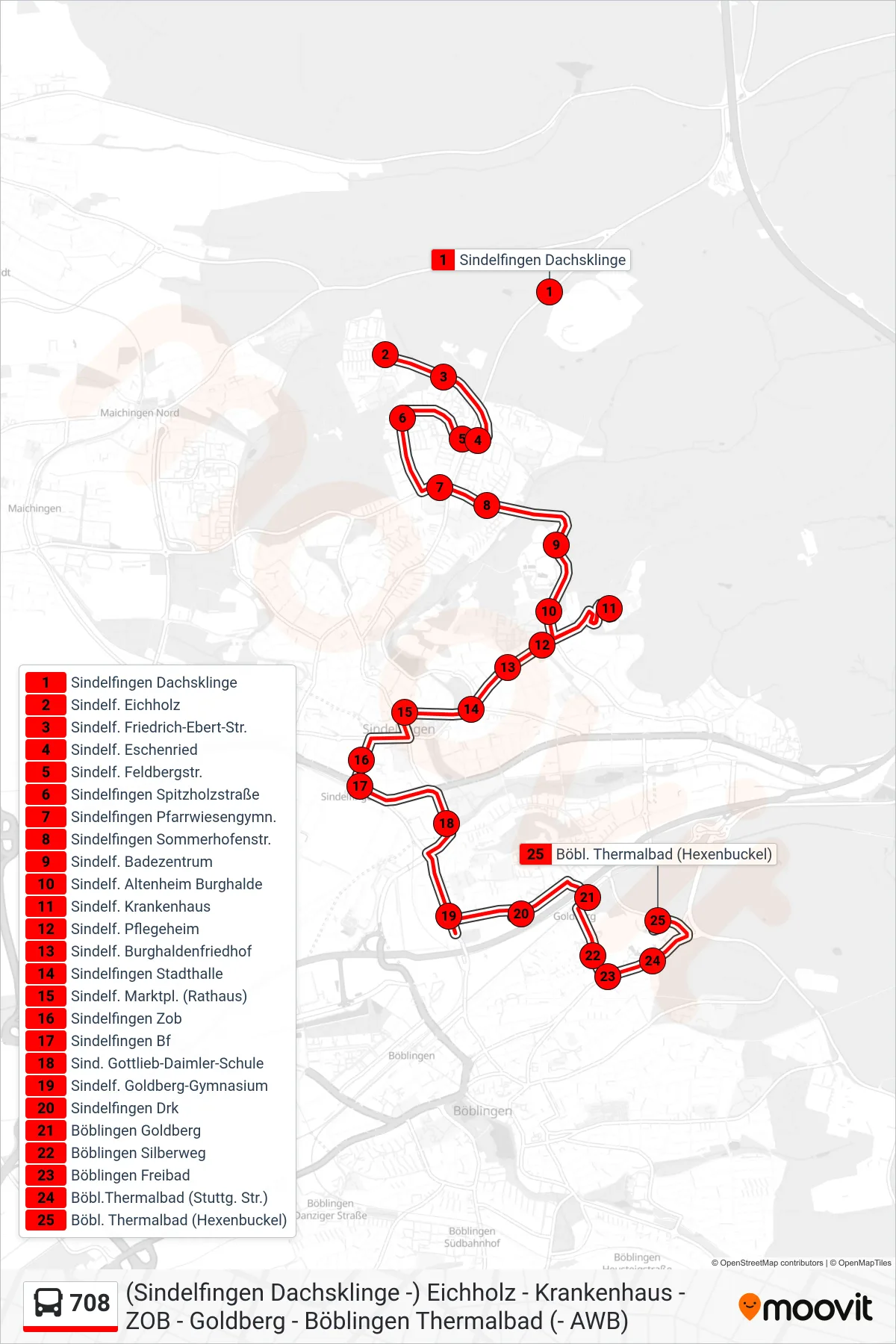 708 bus Line (Böbl. Thermalbad (Hexenbuckel)) route and stops on a map