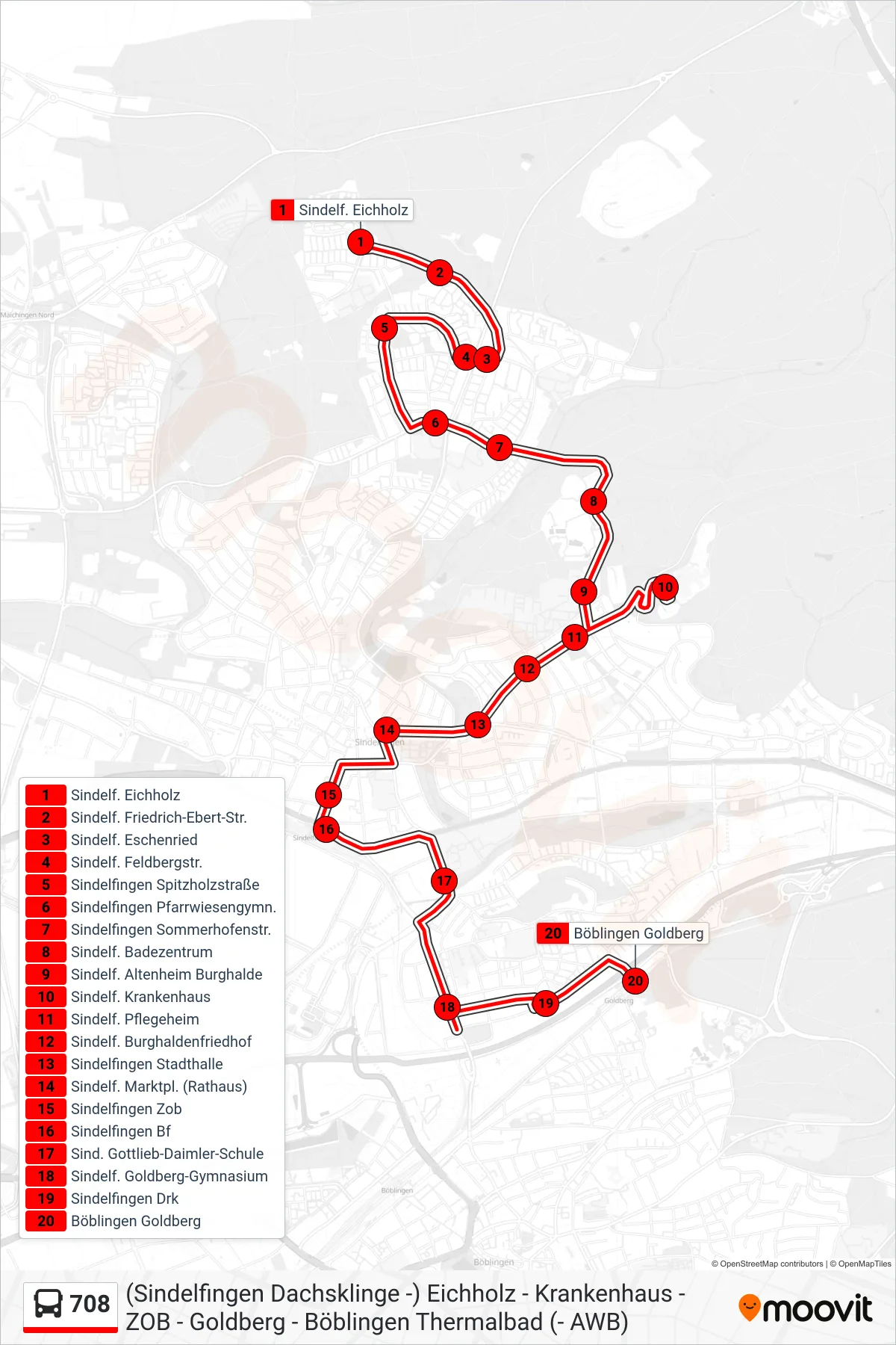 Linie 708 (Bus) Richtung Böblingen Goldberg: Route und Haltestellen auf der Karte