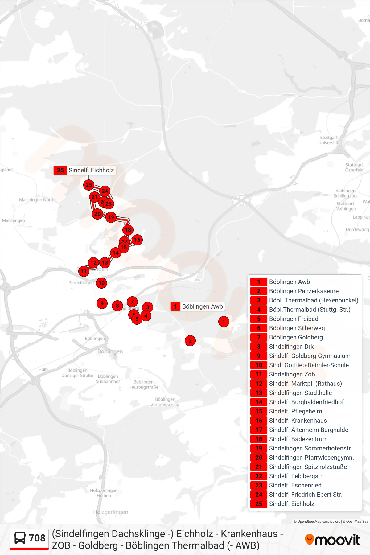 708 bus Line (Sindelf. Eichholz) route and stops on a map