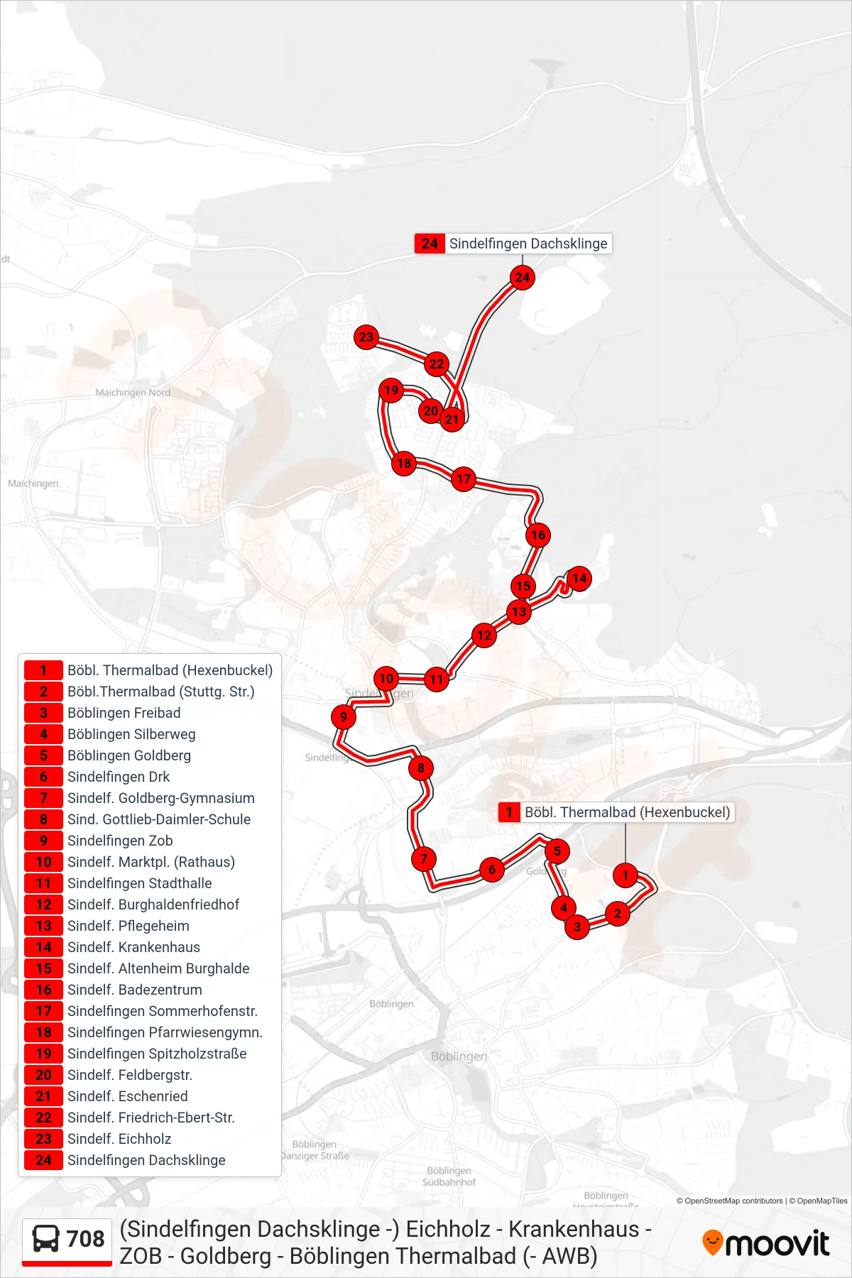 708 bus Line (Sindelfingen Dachsklinge) route and stops on a map