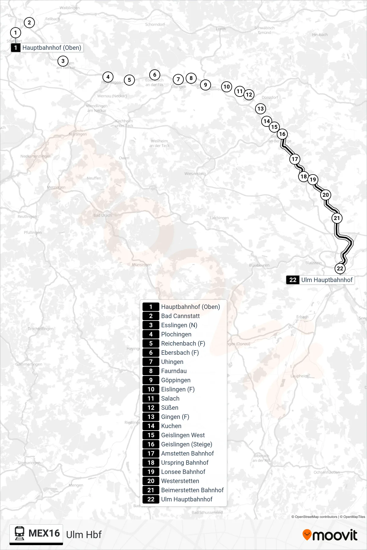 Linie MEX16 (Bahn) Richtung Ulm Hbf: Route und Haltestellen auf der Karte