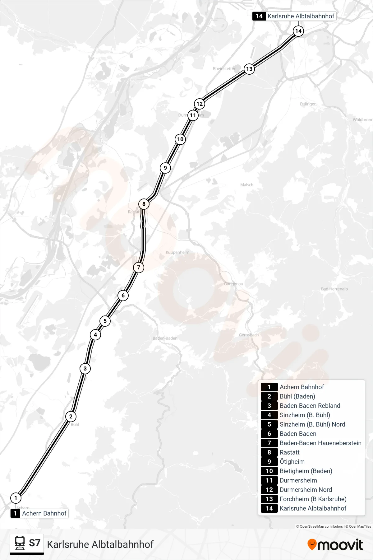 S7 train Line (Karlsruhe Albtalbahnhof) route and stops on a map