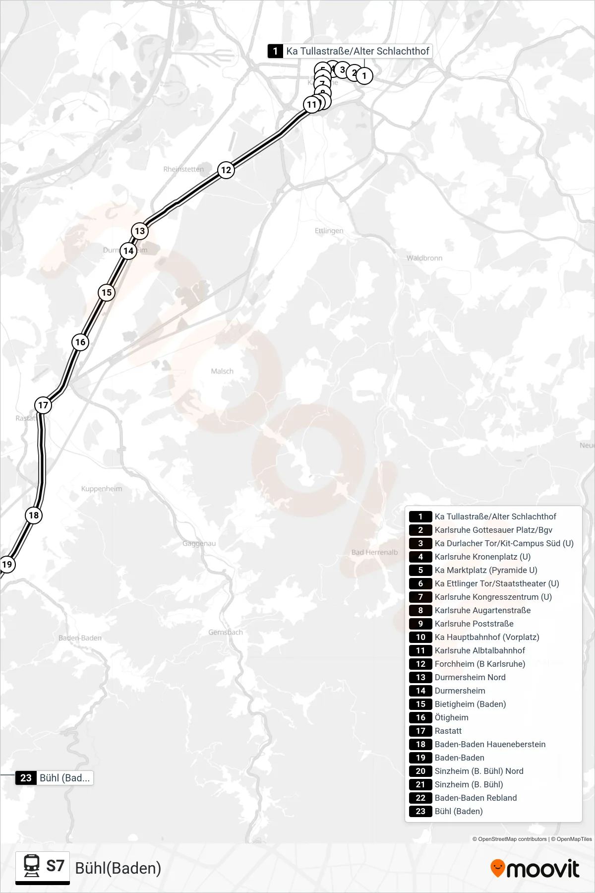 Linie S7 (Bahn) Richtung Bühl(Baden): Route und Haltestellen auf der Karte