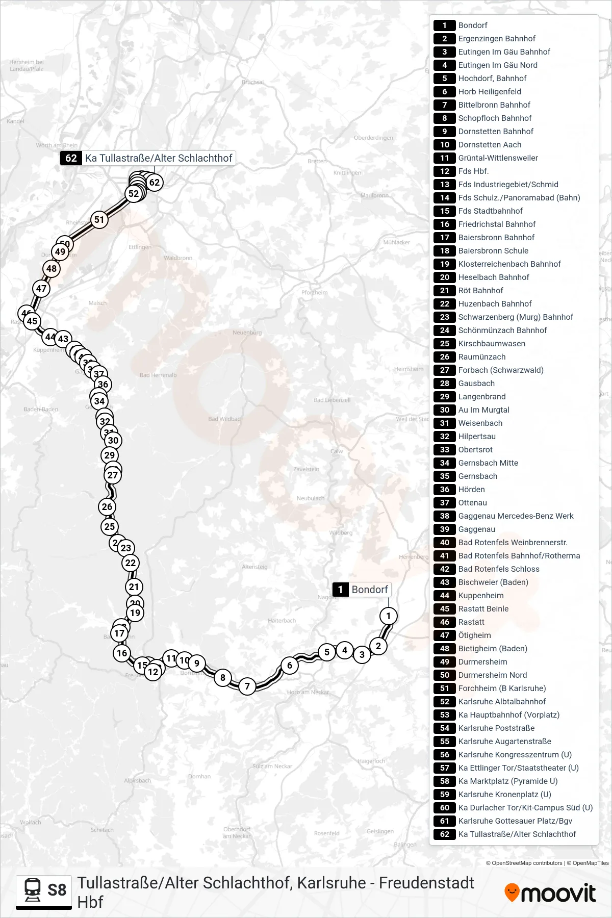 S8 train Line (Tullastraße/Alter Schlachthof, Karlsruhe) route and stops on a map