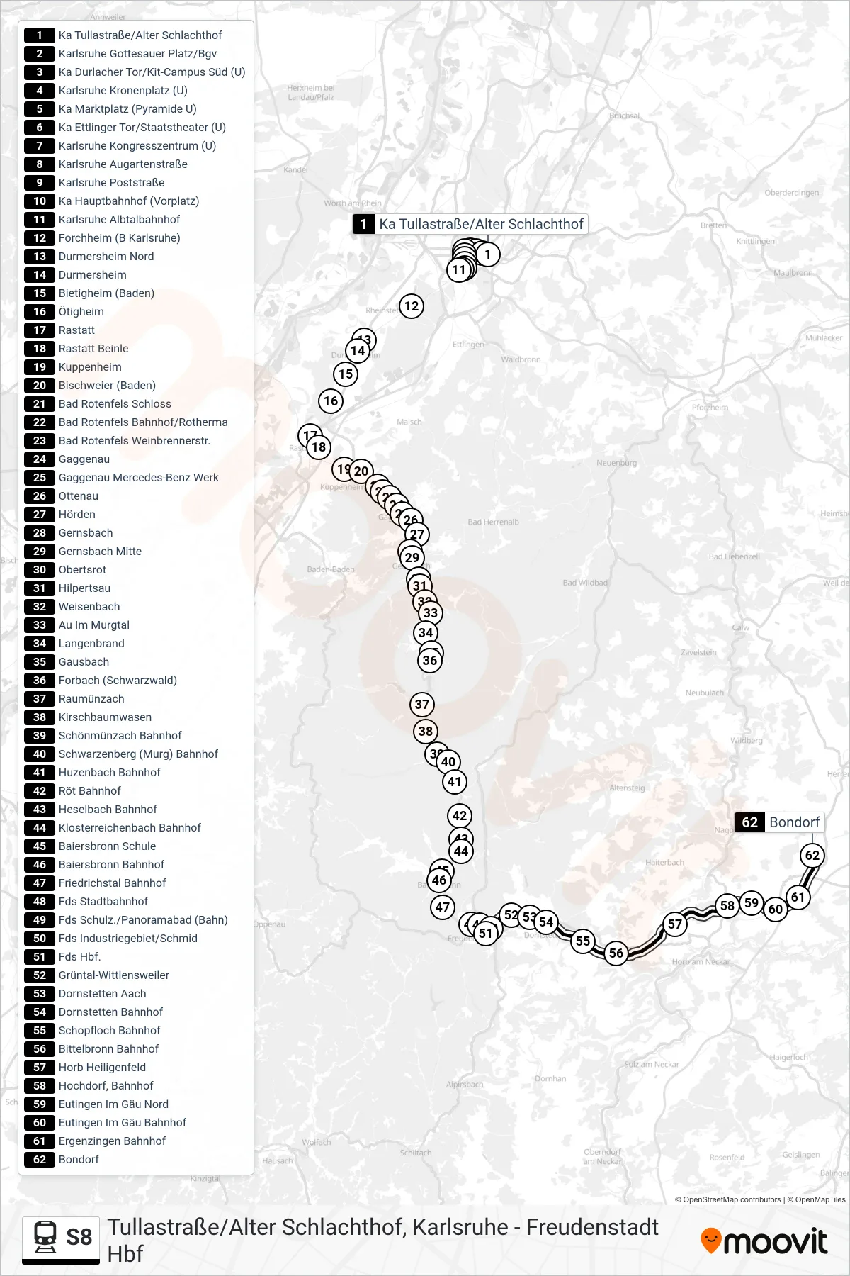 S8 train Line (Bondorf(B Herrenberg)) route and stops on a map