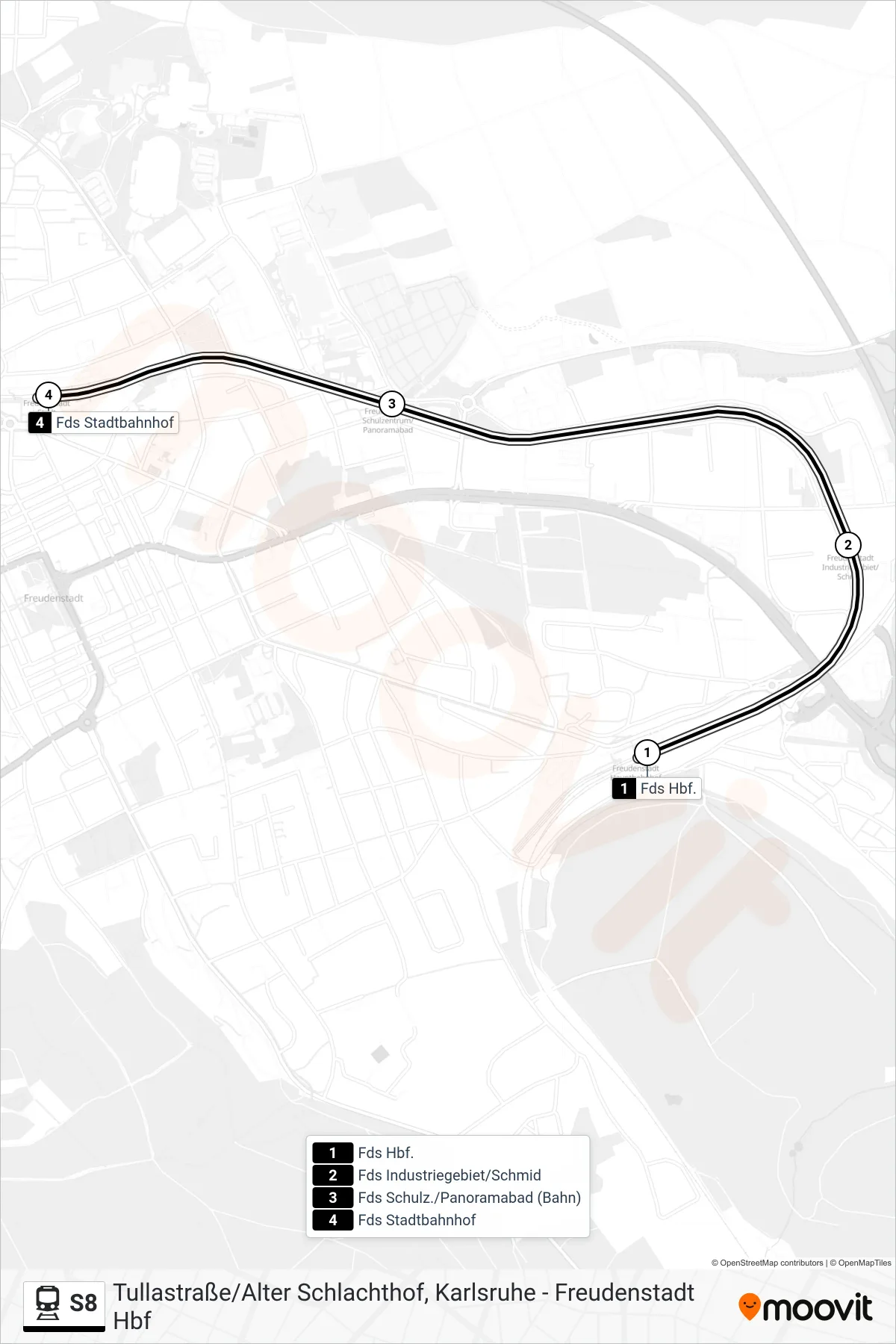 S8 train Line (Freudenstadt Stadt) route and stops on a map