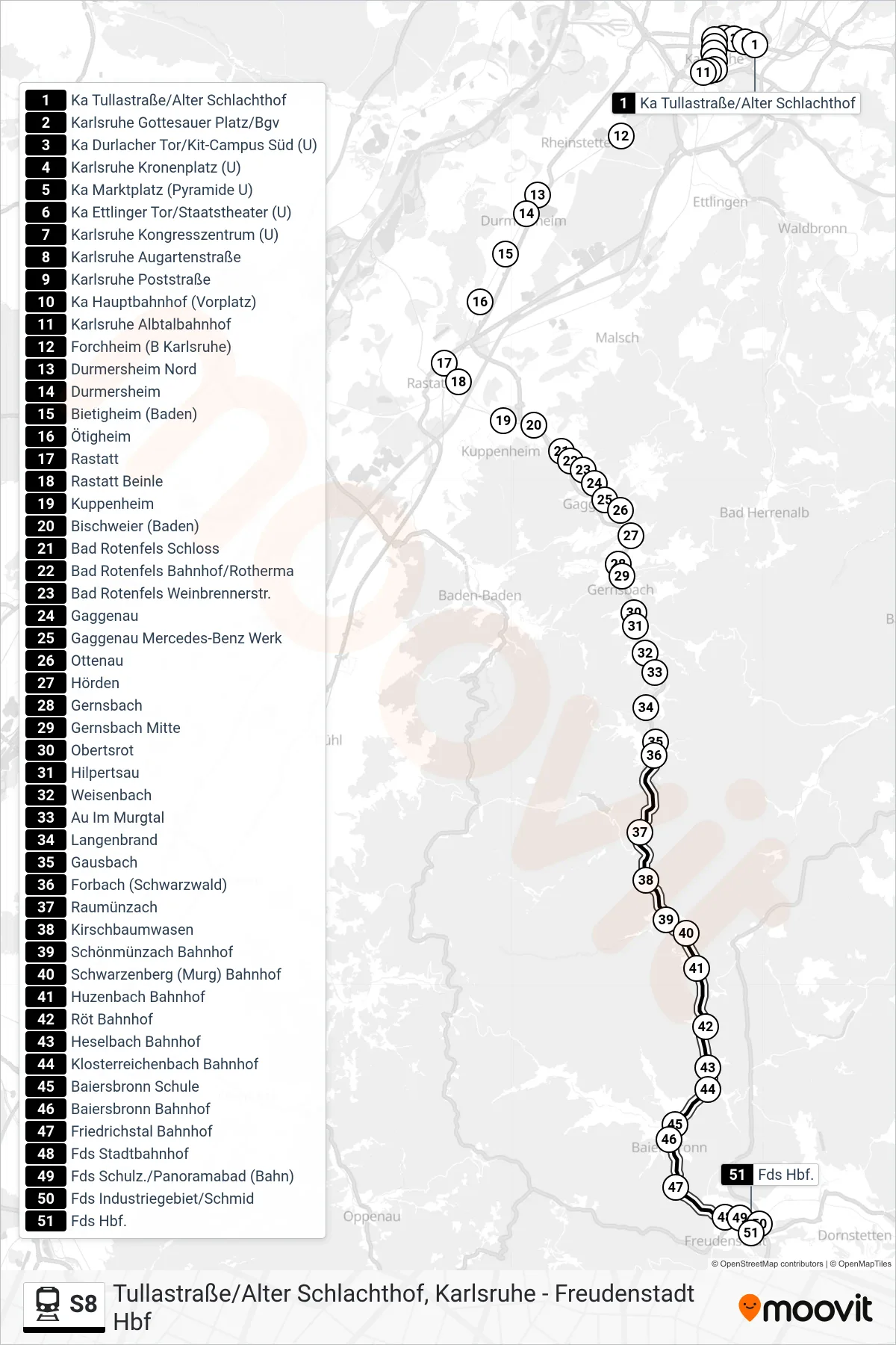 Linie S8 (Bahn) Richtung Freudenstadt Hbf: Route und Haltestellen auf der Karte