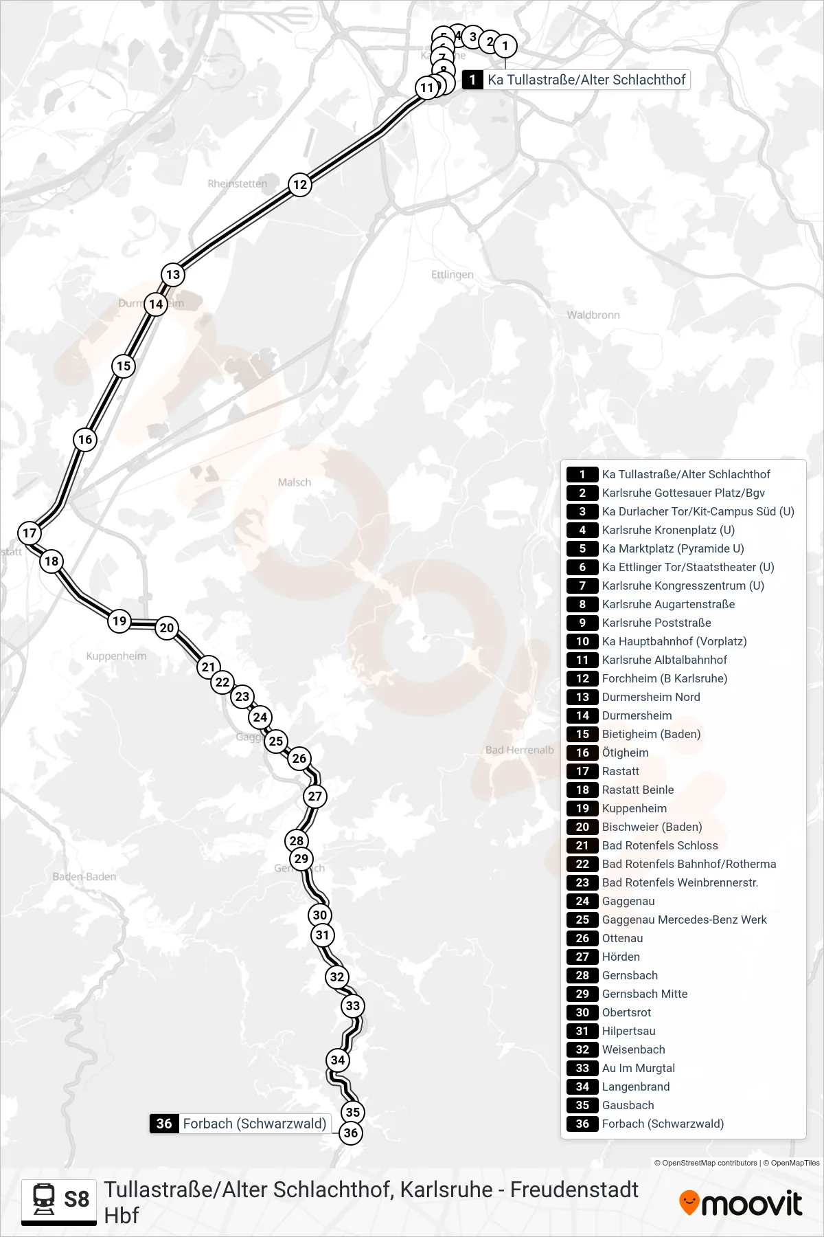 S8 train Line (Forbach(Schwarzw)) route and stops on a map