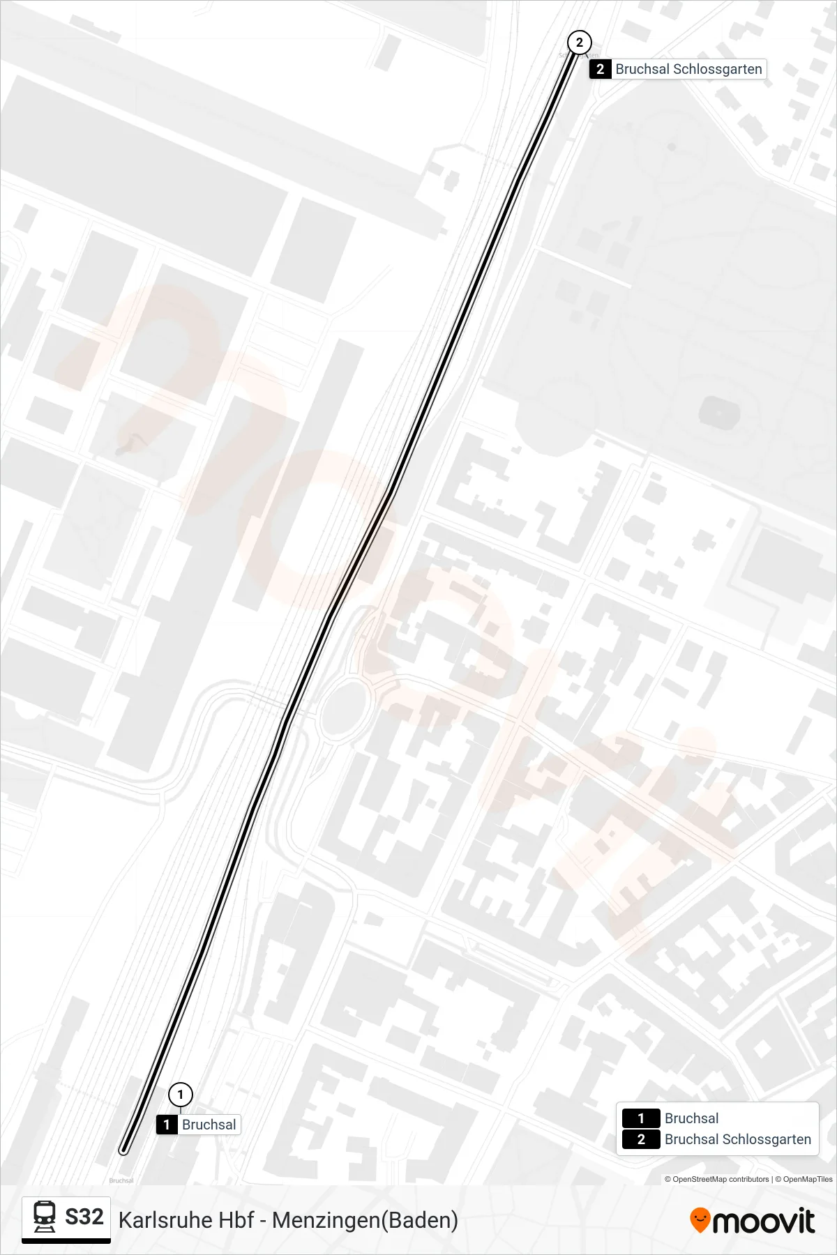 S32 train Line (Bruchsal Schloßgarten) route and stops on a map