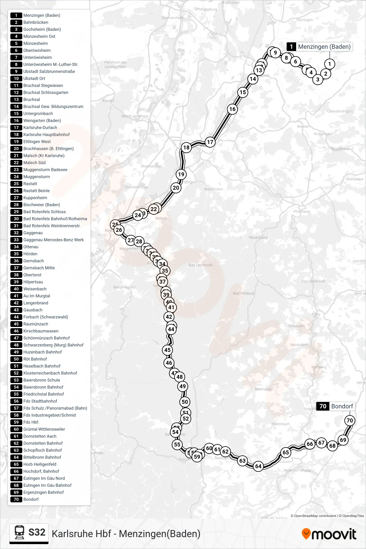 S32 train Line (Bondorf(B Herrenberg)) route and stops on a map