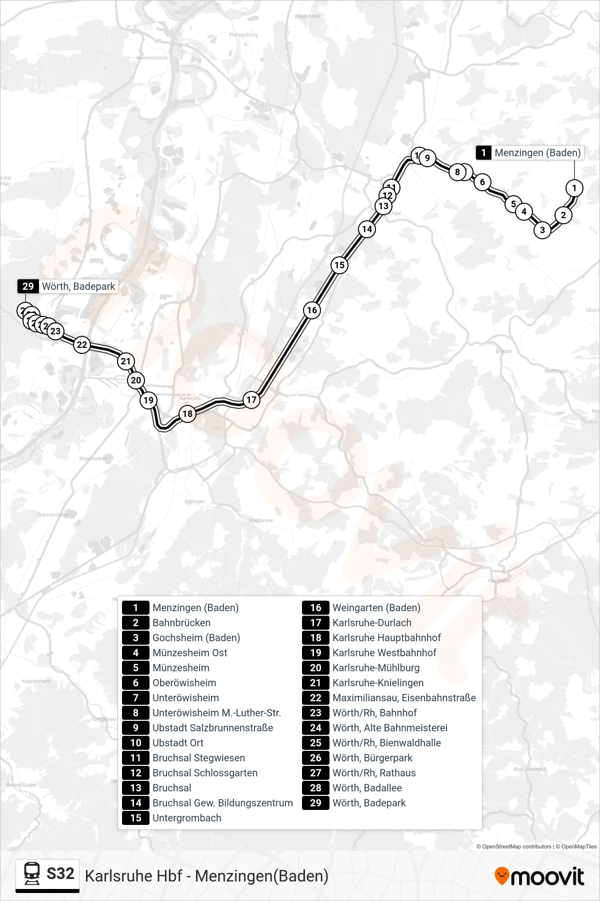 S32 train Line (Wörth(Rhein) Badepark) route and stops on a map