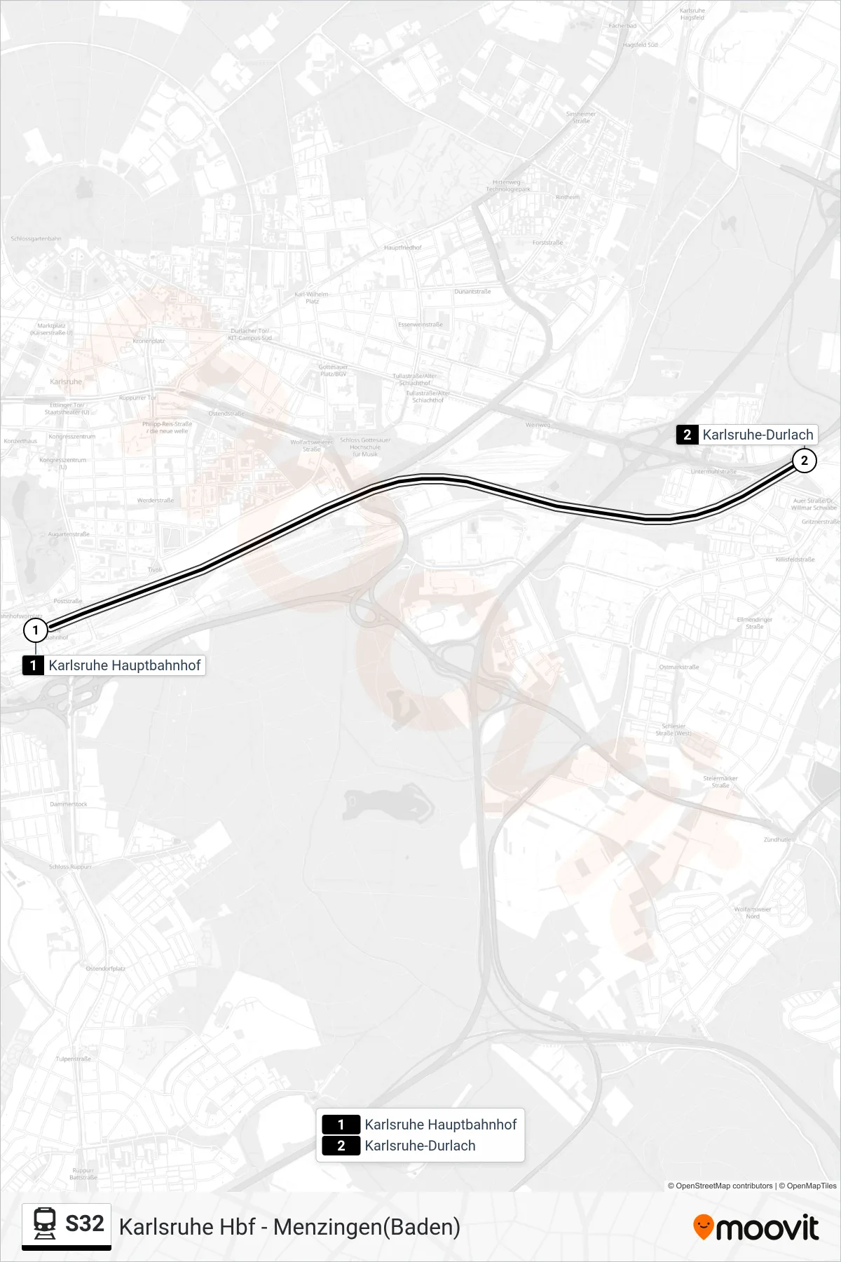 S32 rail Line (Karlsruhe-Durlach) route and stops on a map