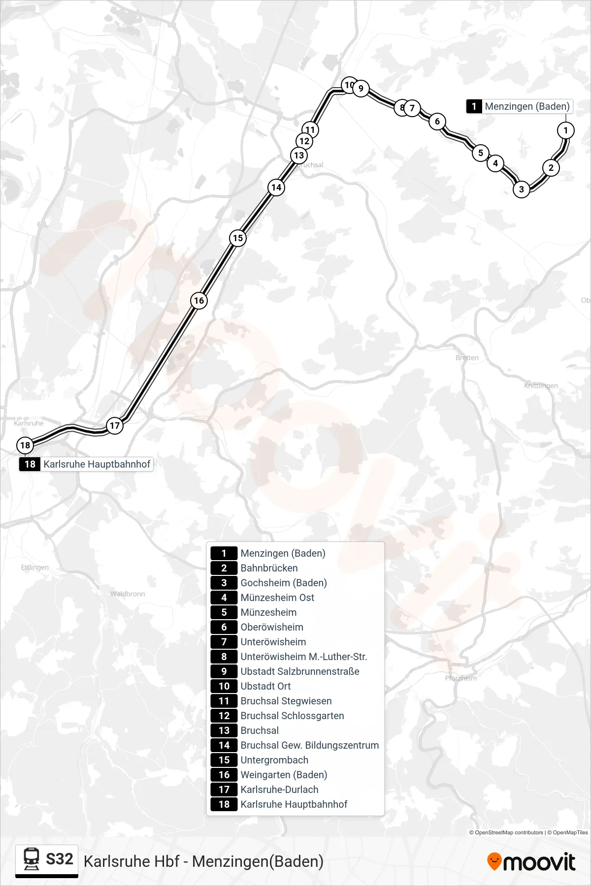 S32 train Line (Karlsruhe Hbf) route and stops on a map