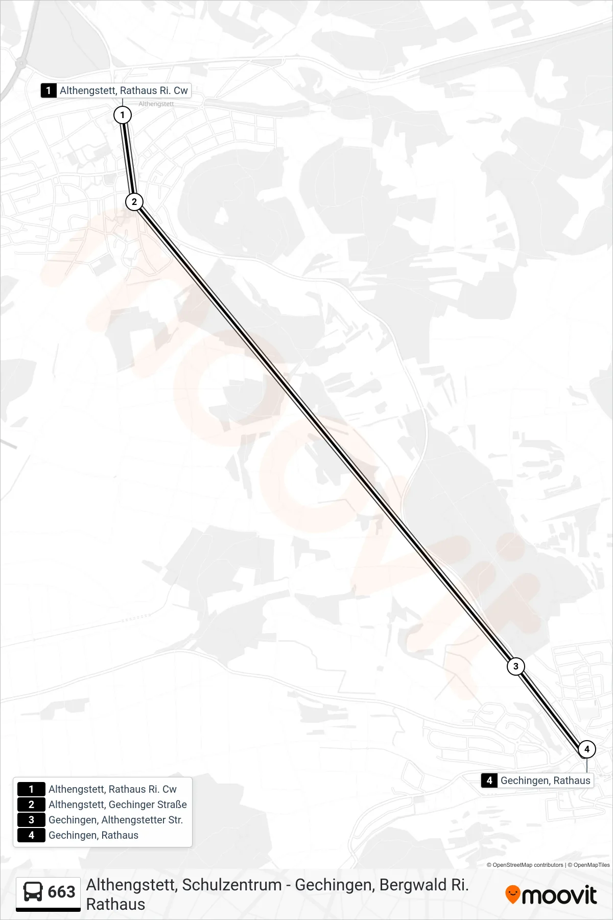 663 bus Line (Gechingen, Rathaus) route and stops on a map