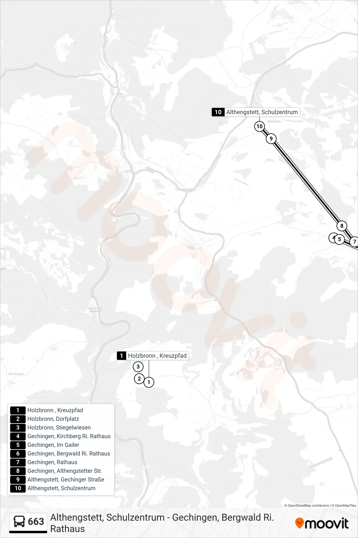 663 bus Line (Althengstett, Schulzentrum) route and stops on a map