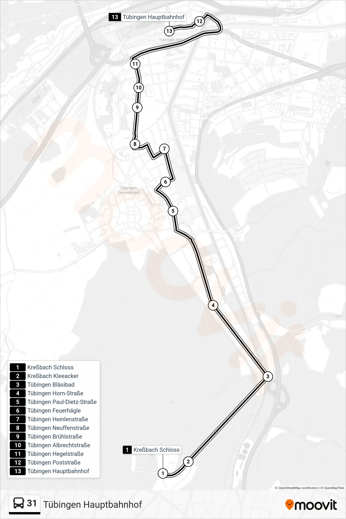 Linie 31 (Bus) Richtung Tübingen Hauptbahnhof: Route und Haltestellen auf der Karte