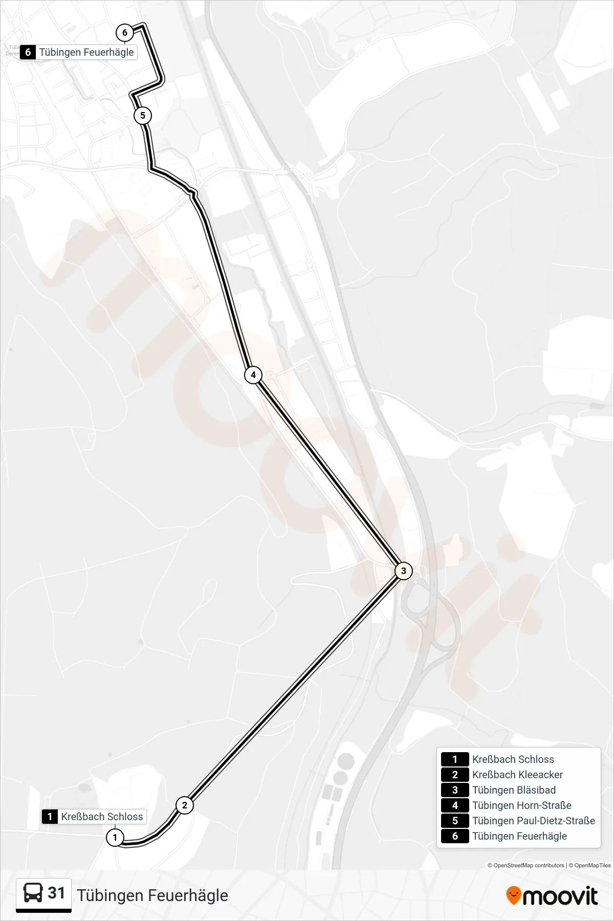 31 bus Line (Tübingen Feuerhägle) route and stops on a map