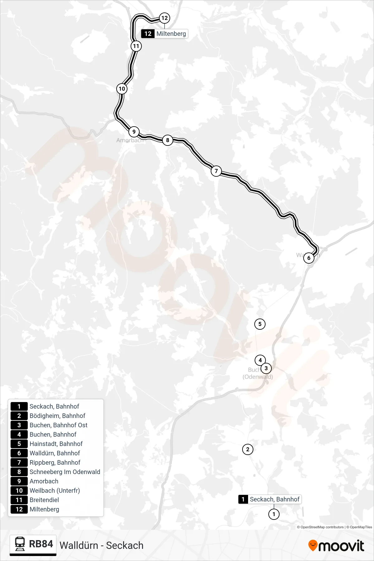 Linie RB84 (Tram) Richtung Miltenberg: Route und Haltestellen auf der Karte