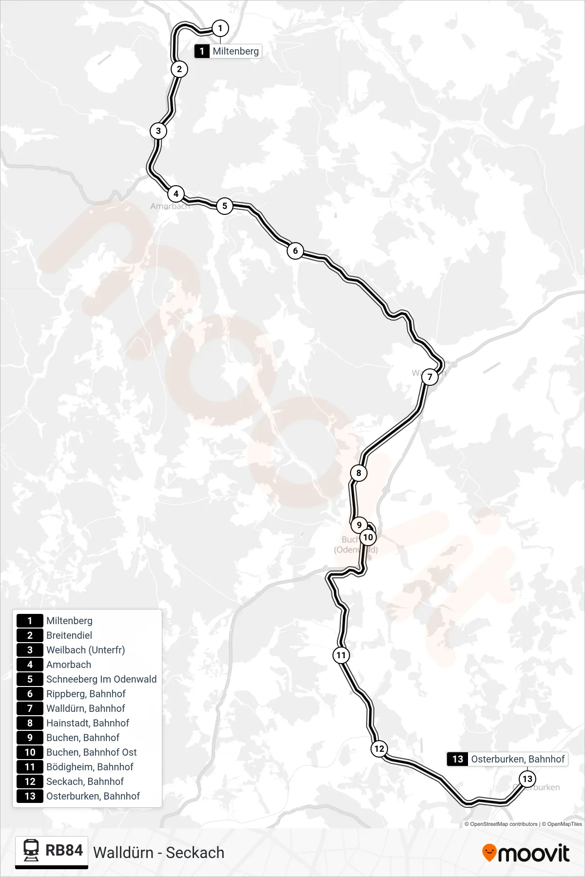 RB84 tram Line (Osterburken) route and stops on a map