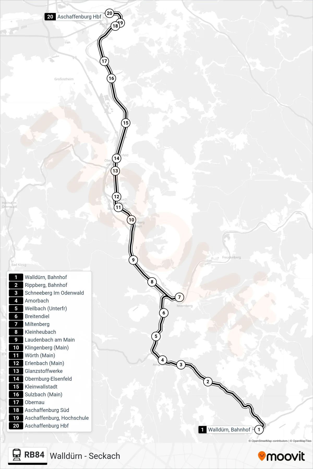 RB84 tram Line (Aschaffenburg Hbf) route and stops on a map