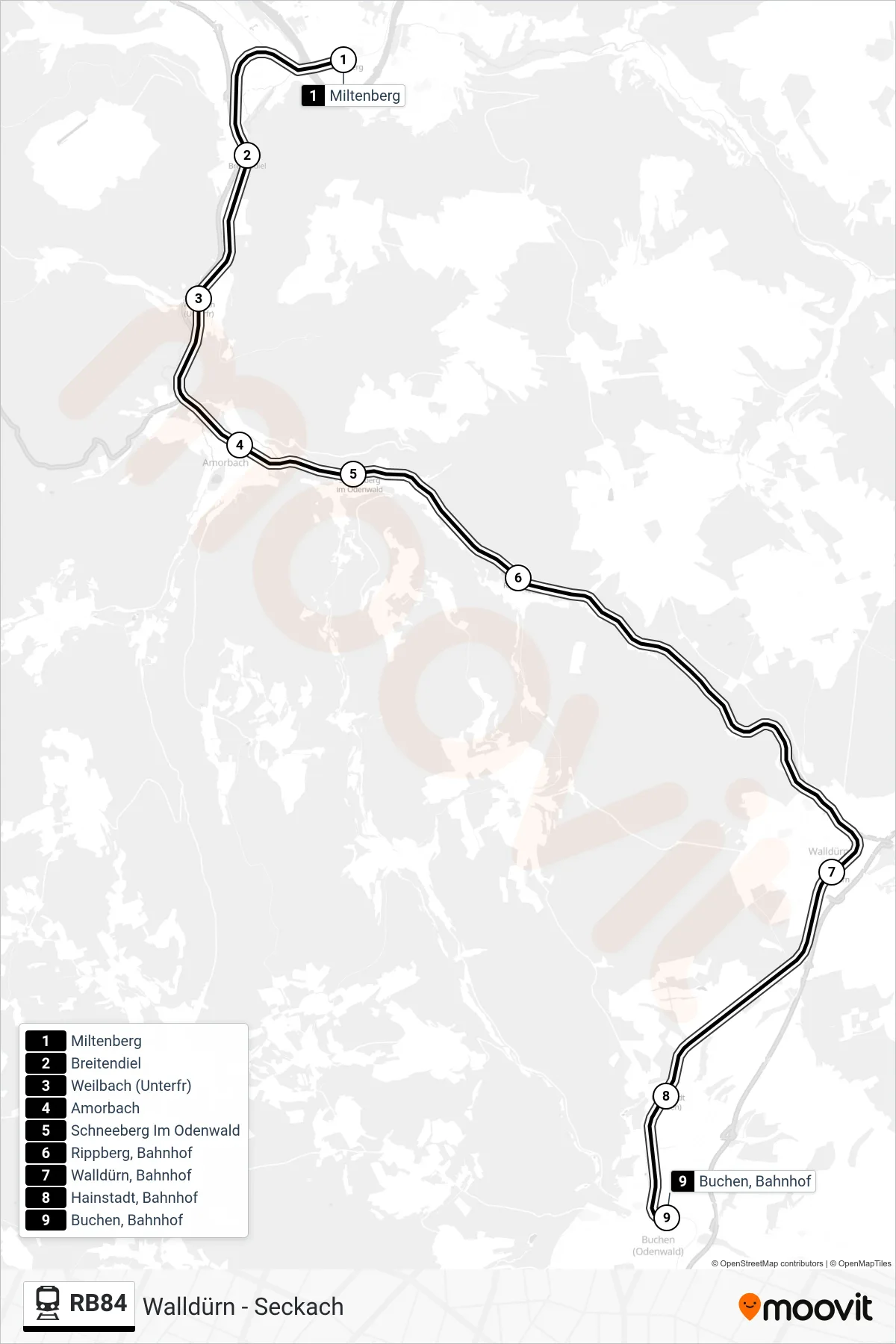 RB84 tram Line (Buchen(Odenw)) route and stops on a map