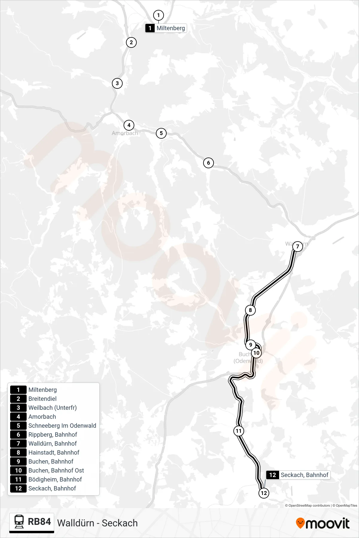 RB84 tram Line (Seckach) route and stops on a map