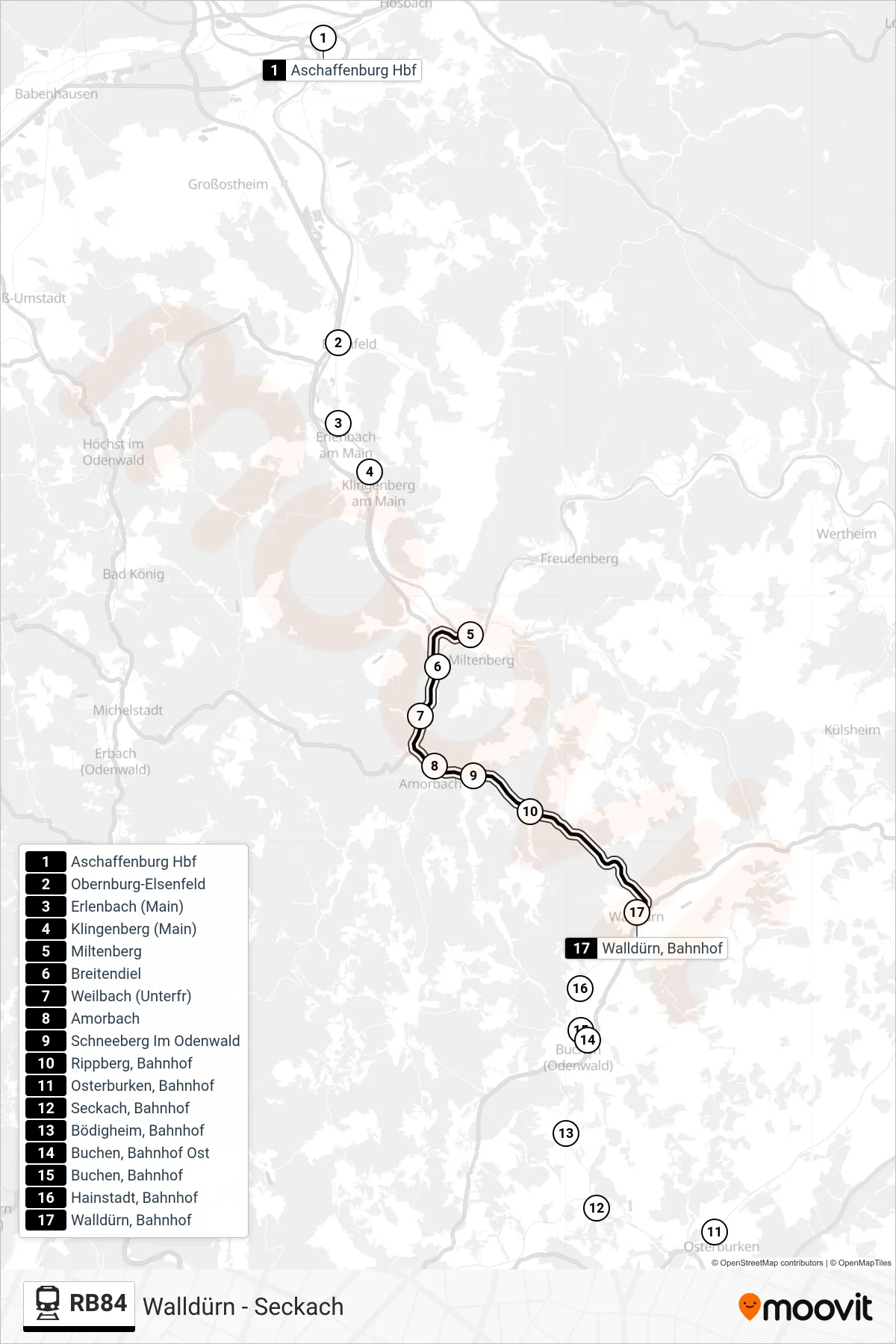 RB84 tram Line (Walldürn) route and stops on a map