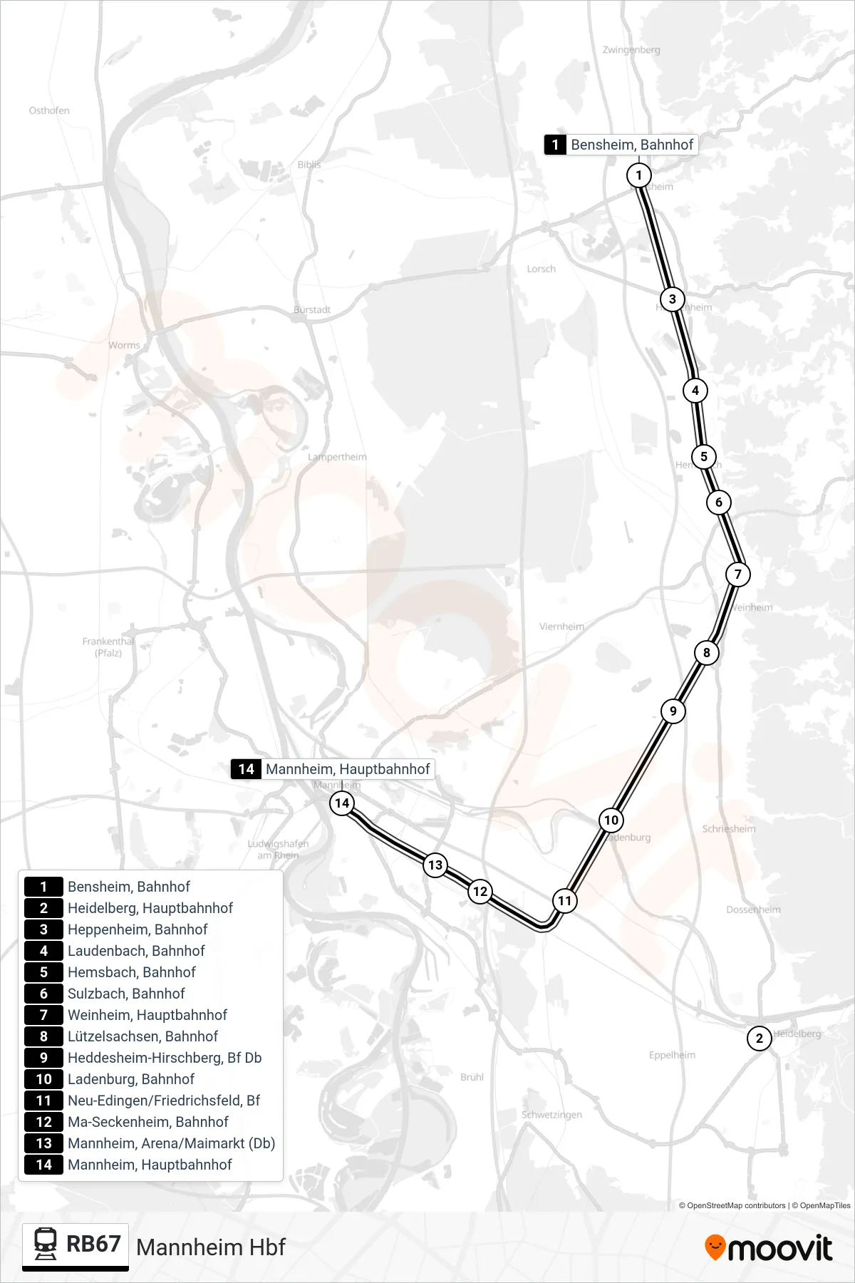 RB67 rail Line (Mannheim Hbf) route and stops on a map
