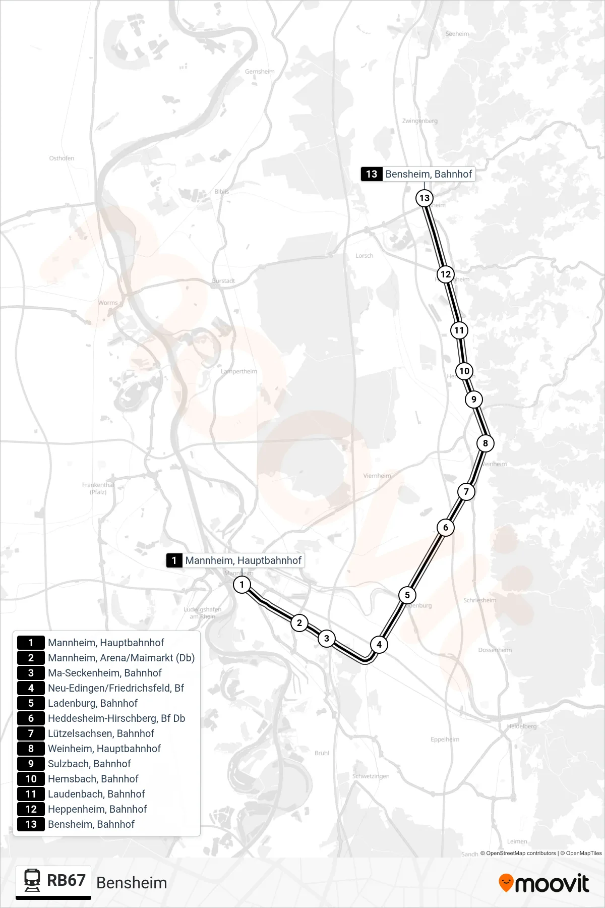 RB67 rail Line (Bensheim) route and stops on a map