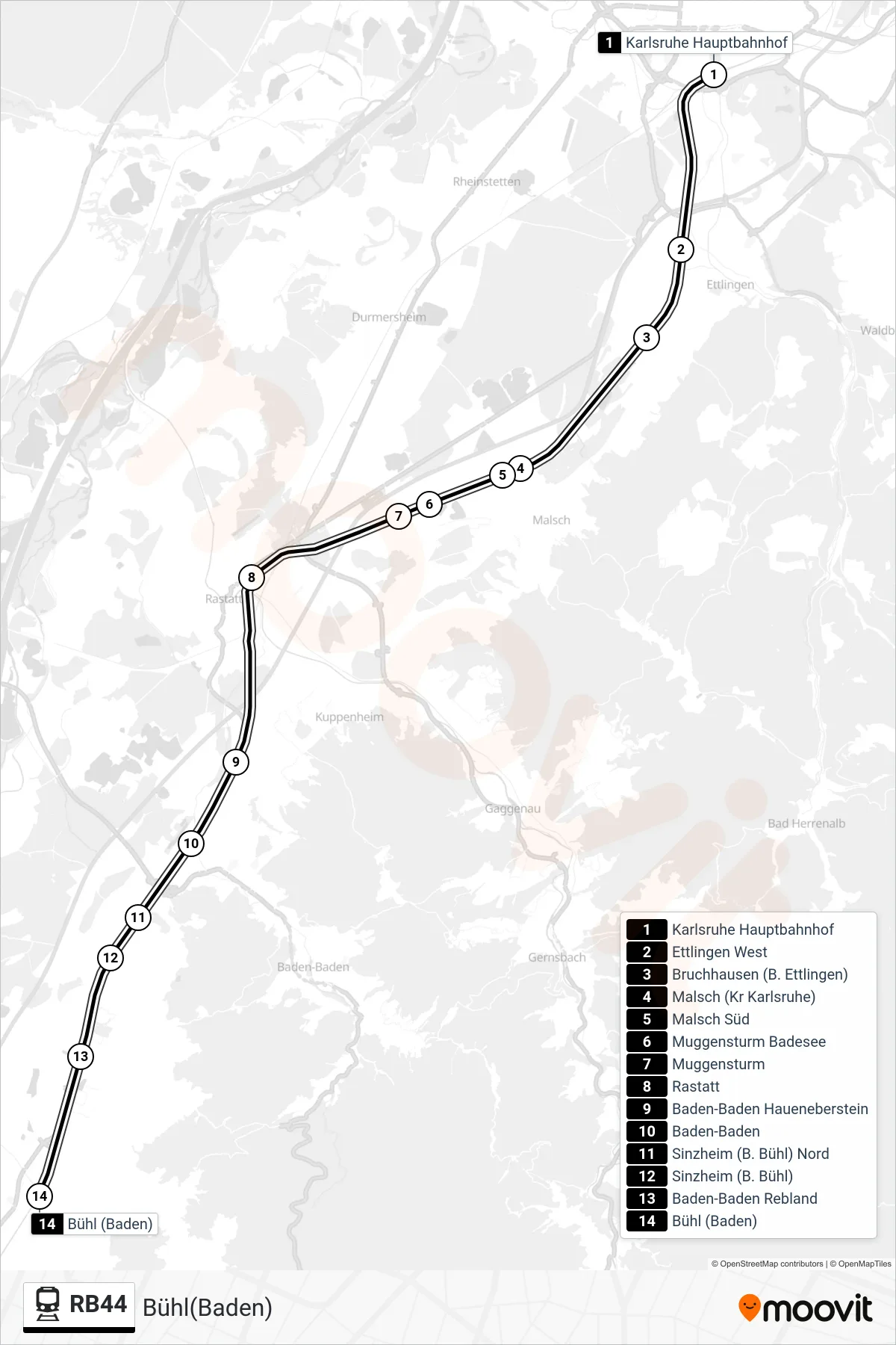 Linie RB44 (Bahn) Richtung Bühl(Baden): Route und Haltestellen auf der Karte