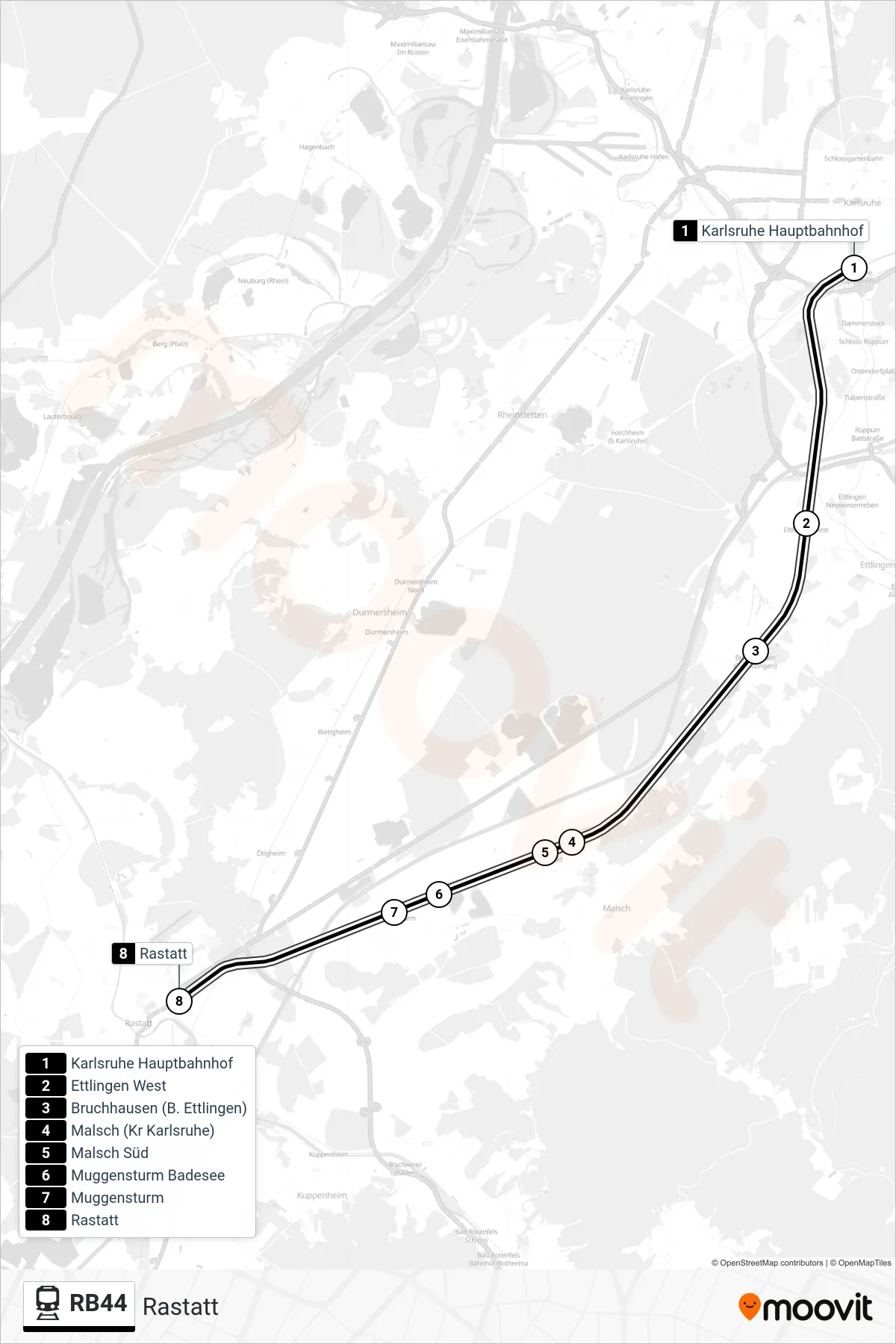 RB44 train Line (Rastatt) route and stops on a map
