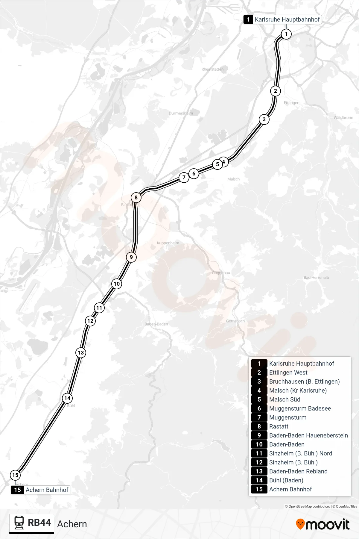 RB44 train Line (Achern) route and stops on a map