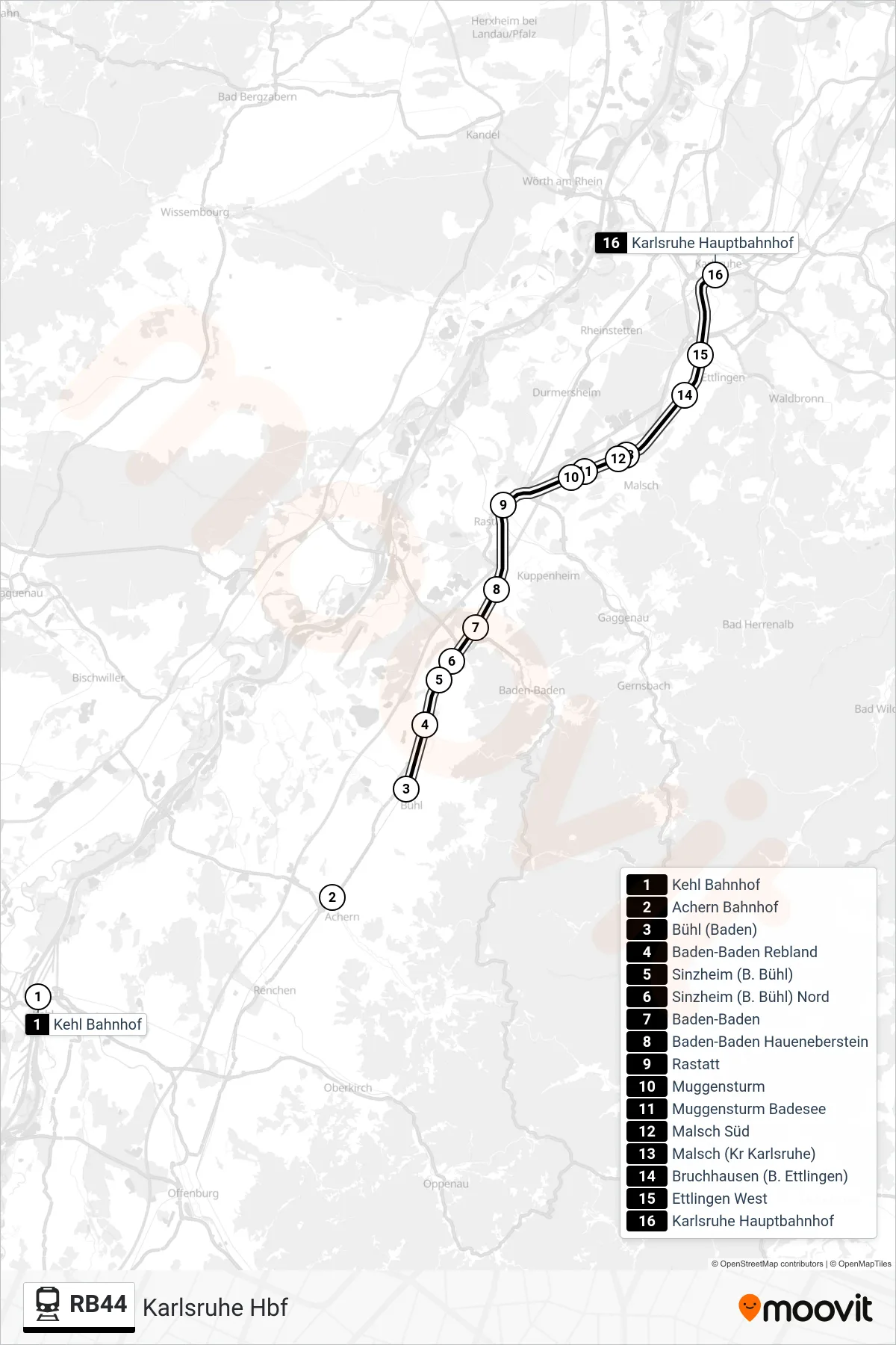 RB44 rail Line (Karlsruhe Hbf) route and stops on a map