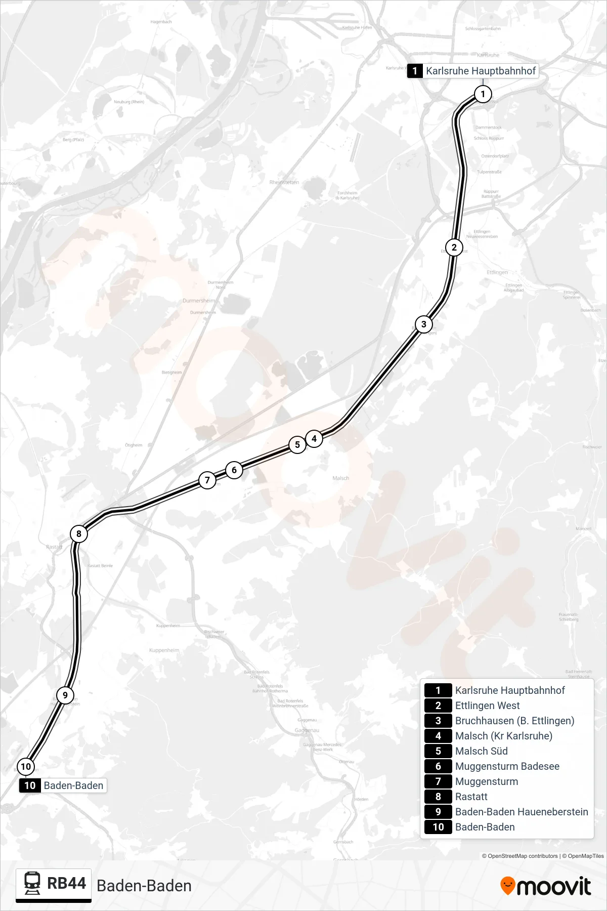 RB44 train Line (Baden-Baden) route and stops on a map