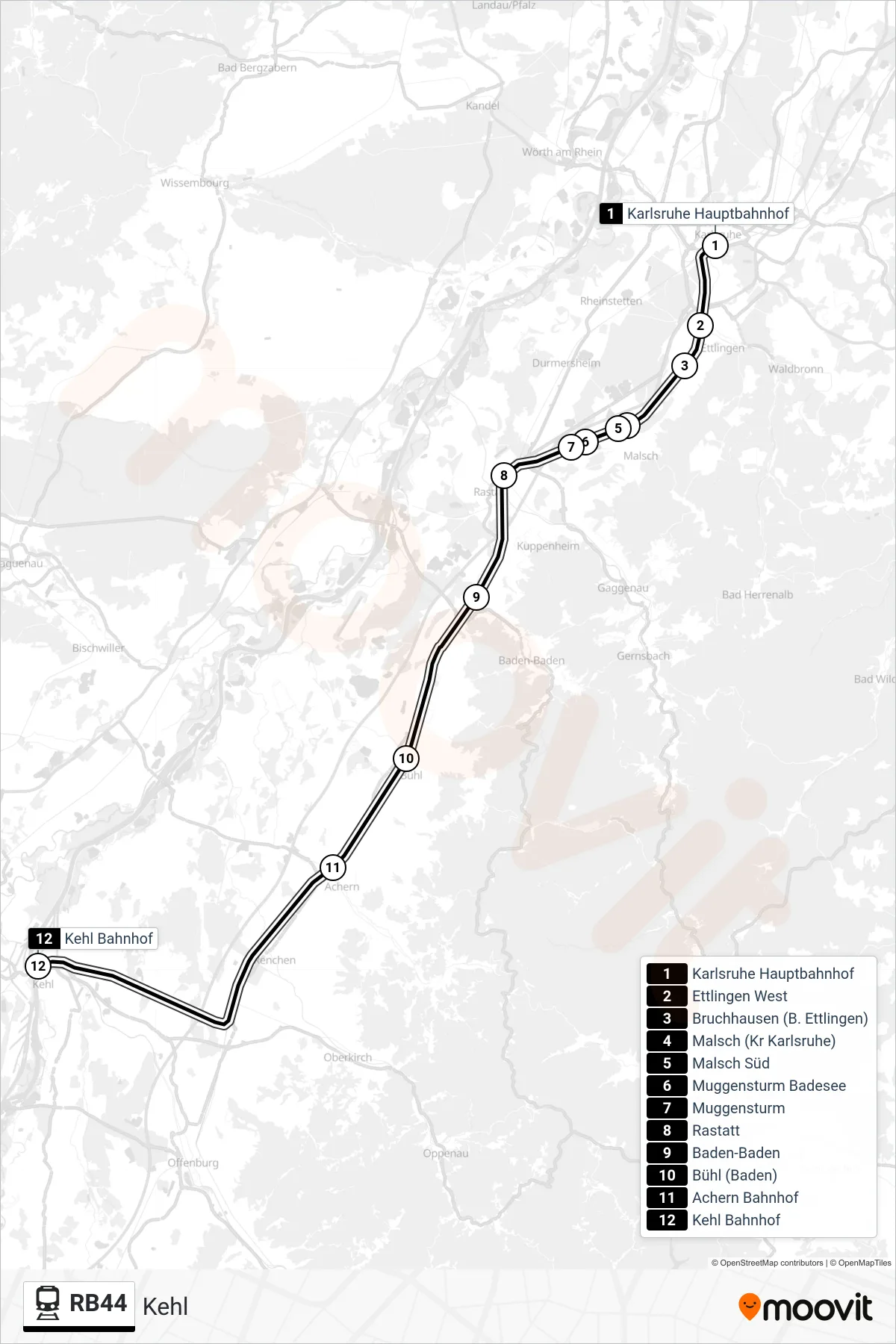 RB44 train Line (Kehl) route and stops on a map