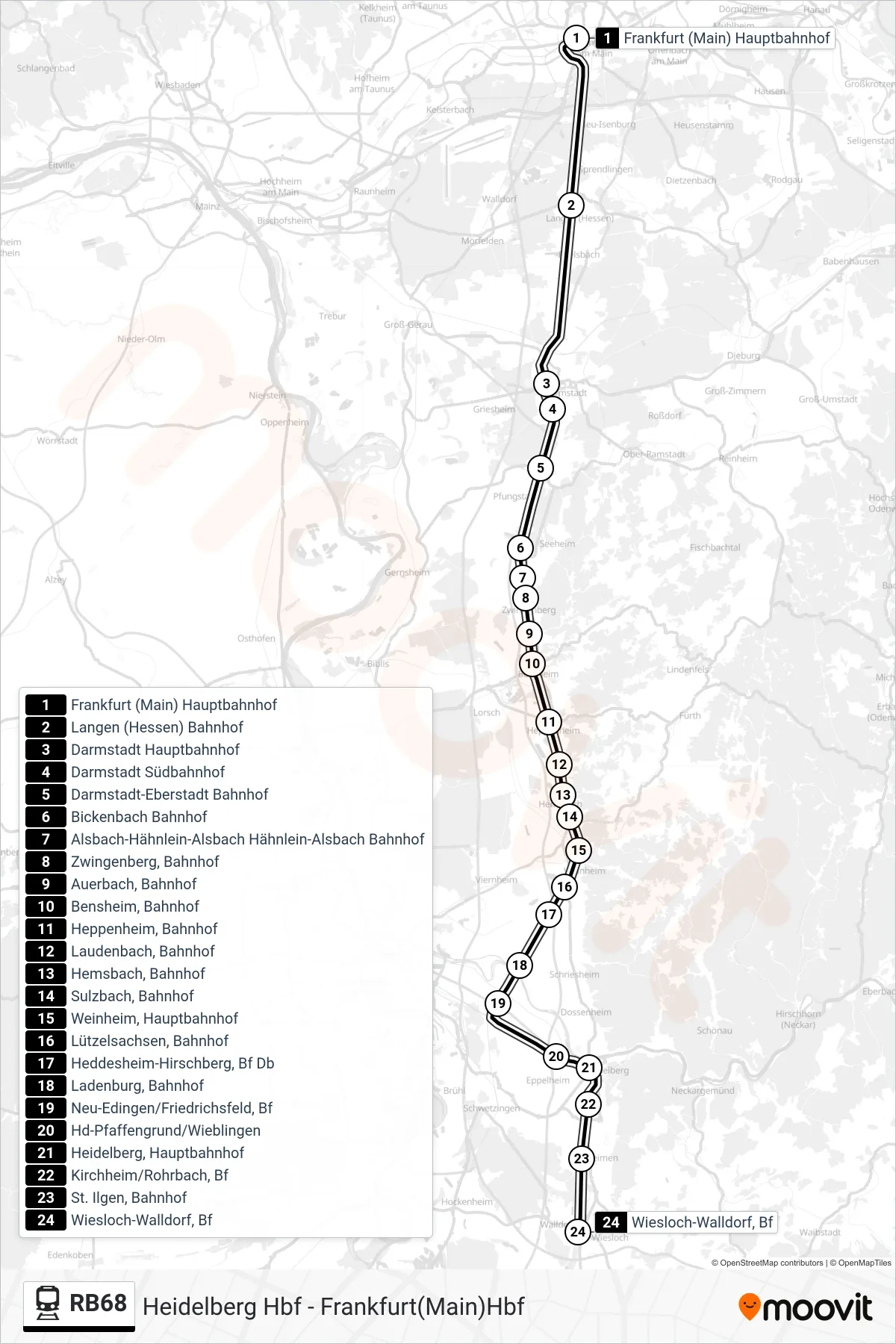 RB68 train Line (Wiesloch-Walldorf) route and stops on a map