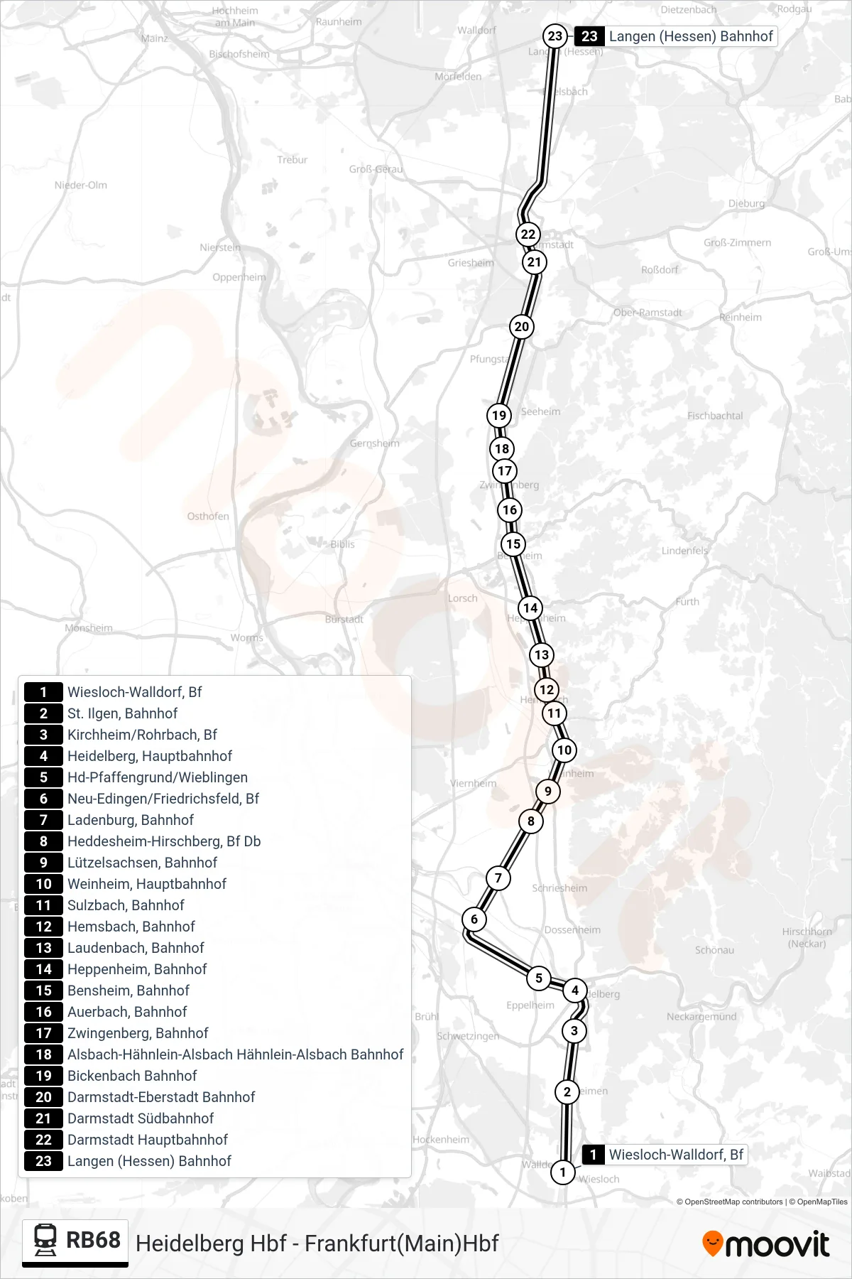 Linie RB68 (Bahn) Richtung Langen(Hess): Route und Haltestellen auf der Karte