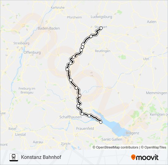 Bahnlinie STUTTGART HAUPTBAHNHOF (OBEN) GLEIS 2 - HORB BAHNHOF/ZOB Karte