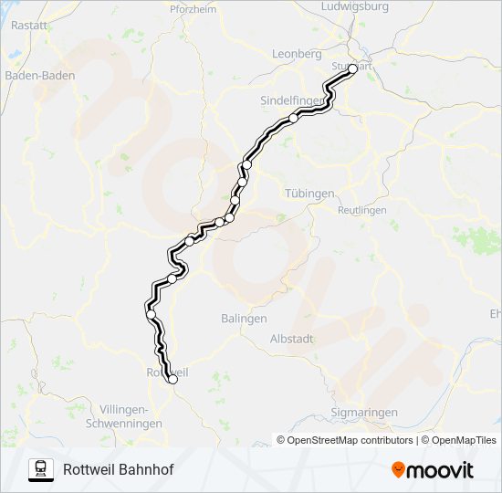 Поезд STUTTGART HAUPTBAHNHOF (OBEN) GLEIS 2 - HORB BAHNHOF/ZOB: карта маршрута