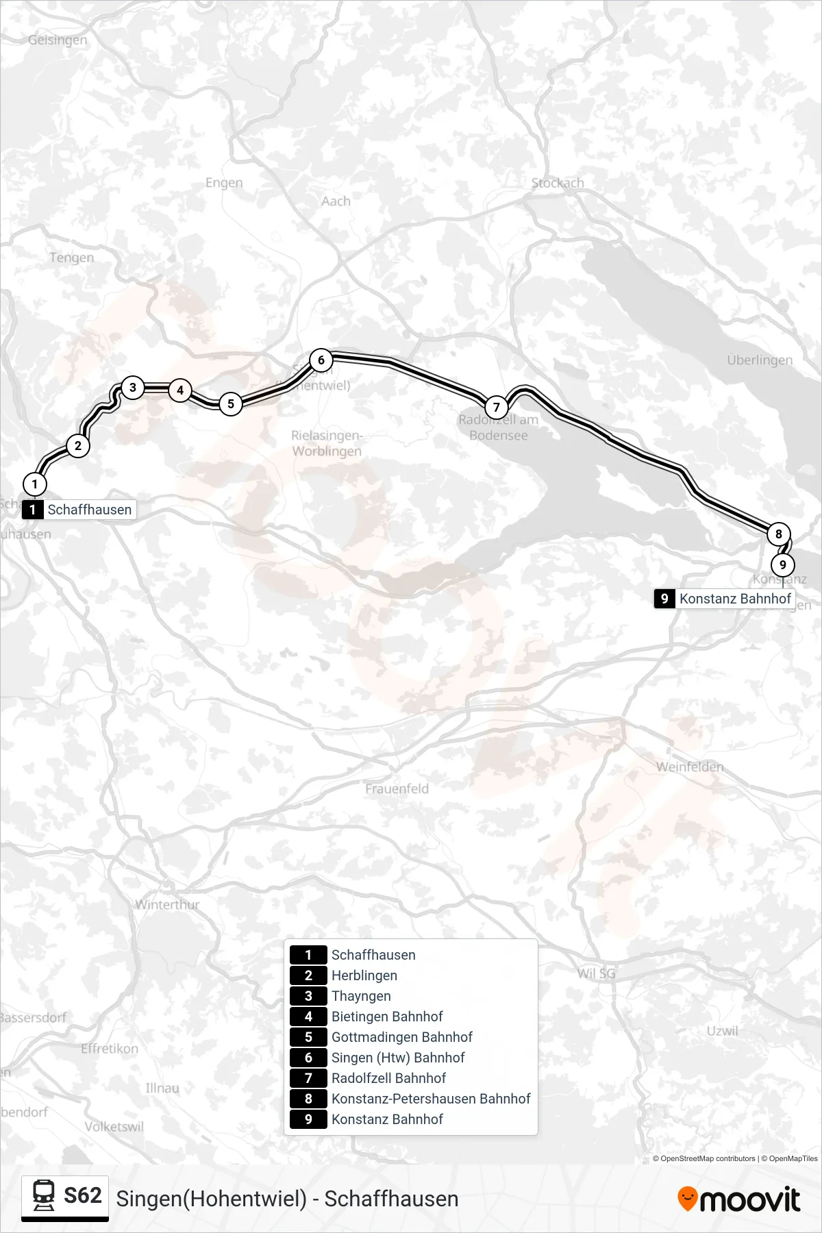 S62 train Line (Konstanz) route and stops on a map