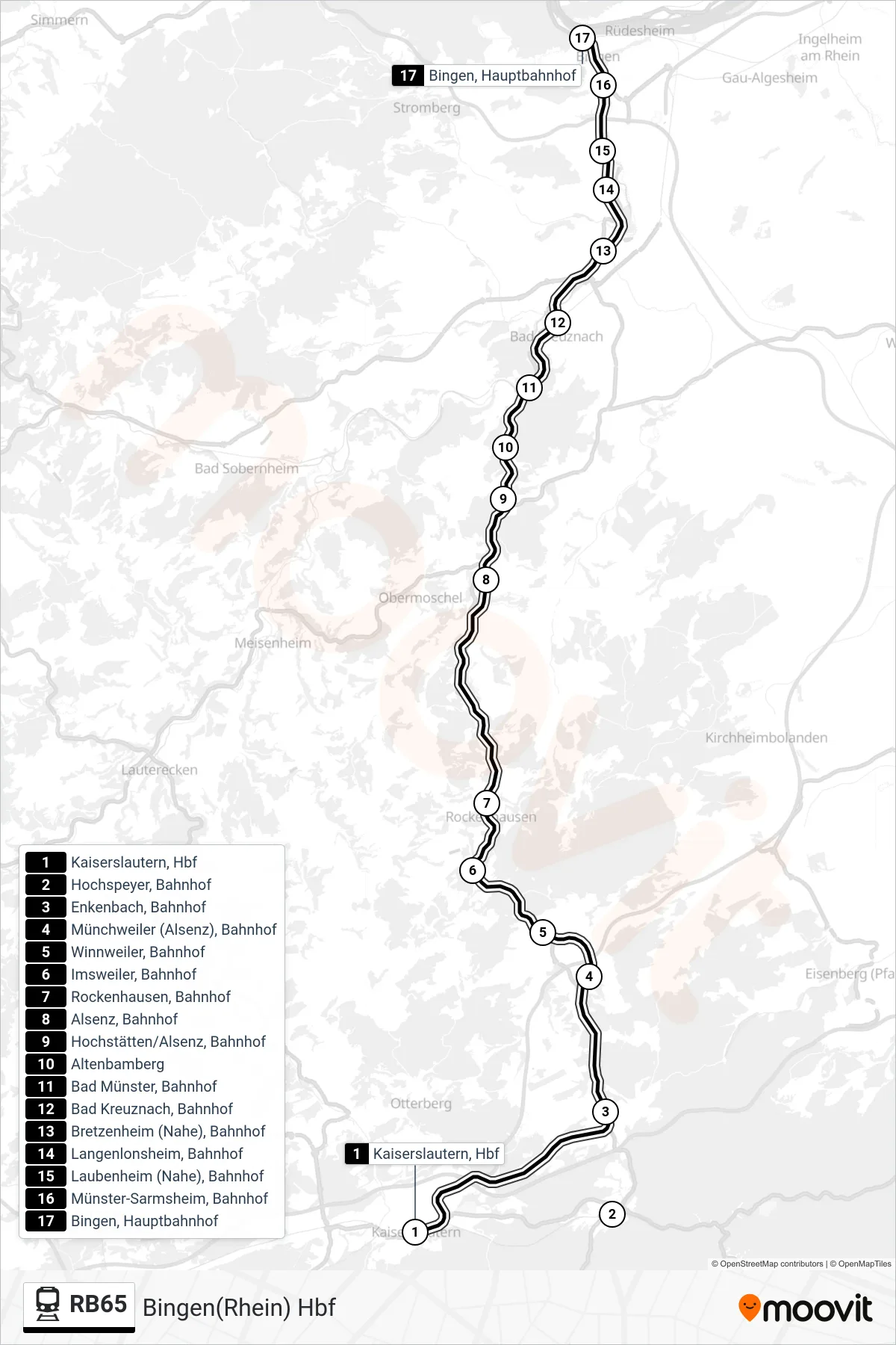 RB65 rail Line (Bingen(Rhein) Hbf) route and stops on a map