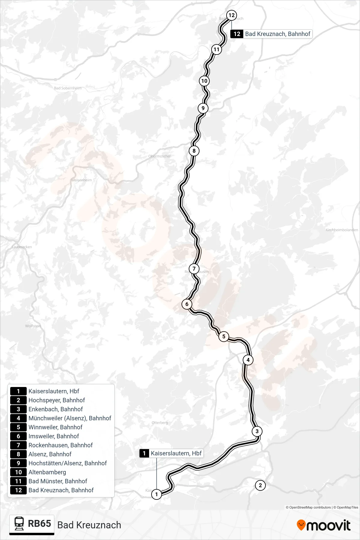 RB65 train Line (Bad Kreuznach) route and stops on a map