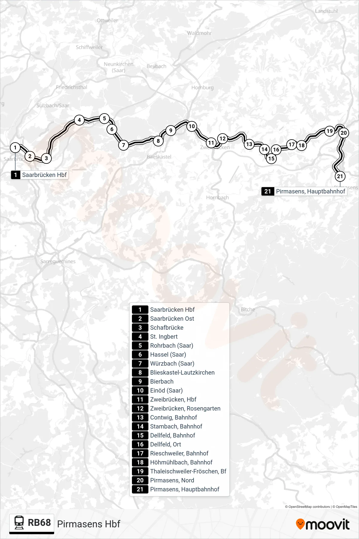 RB68 train Line (Pirmasens Hbf) route and stops on a map