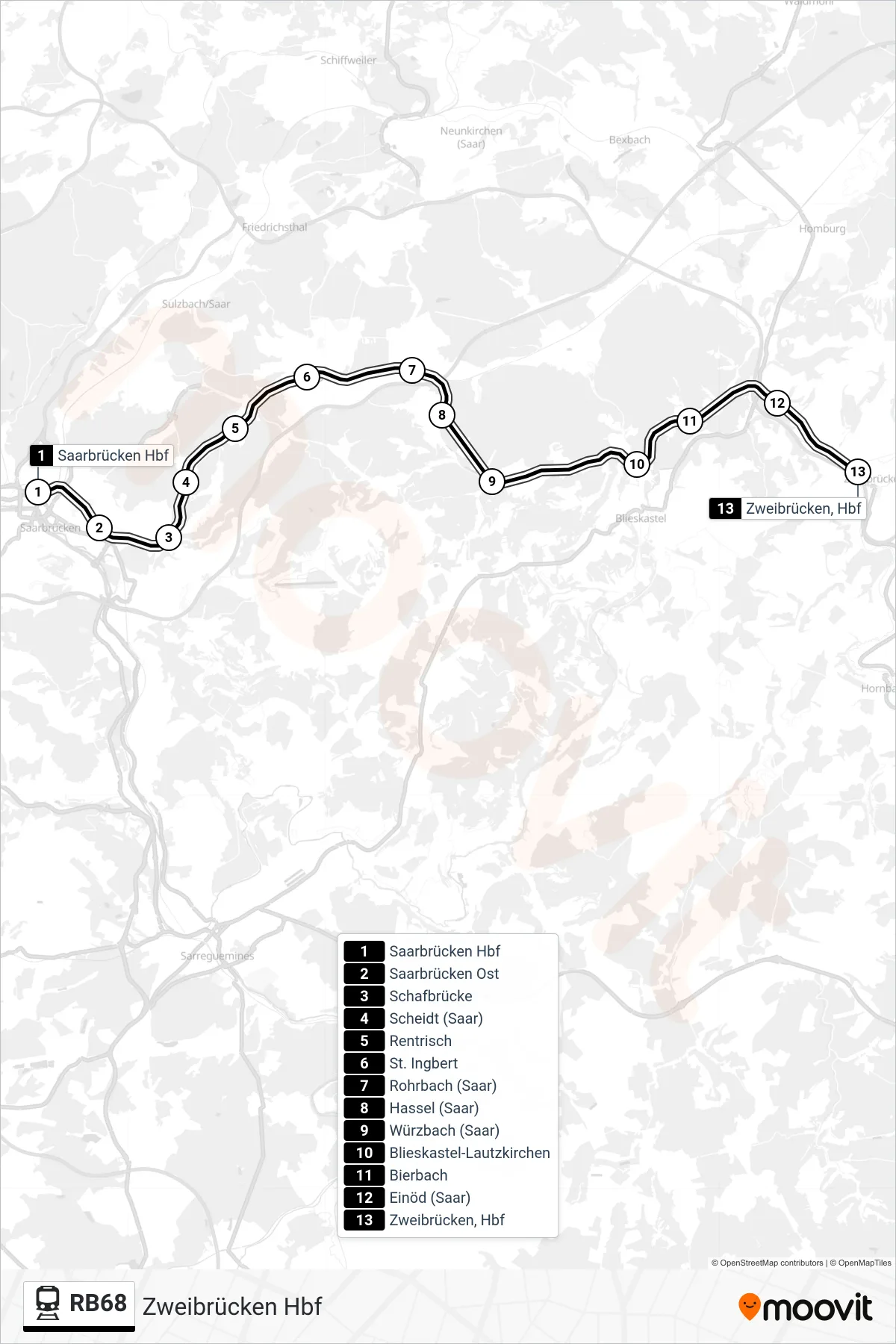 RB68 train Line (Zweibrücken Hbf) route and stops on a map