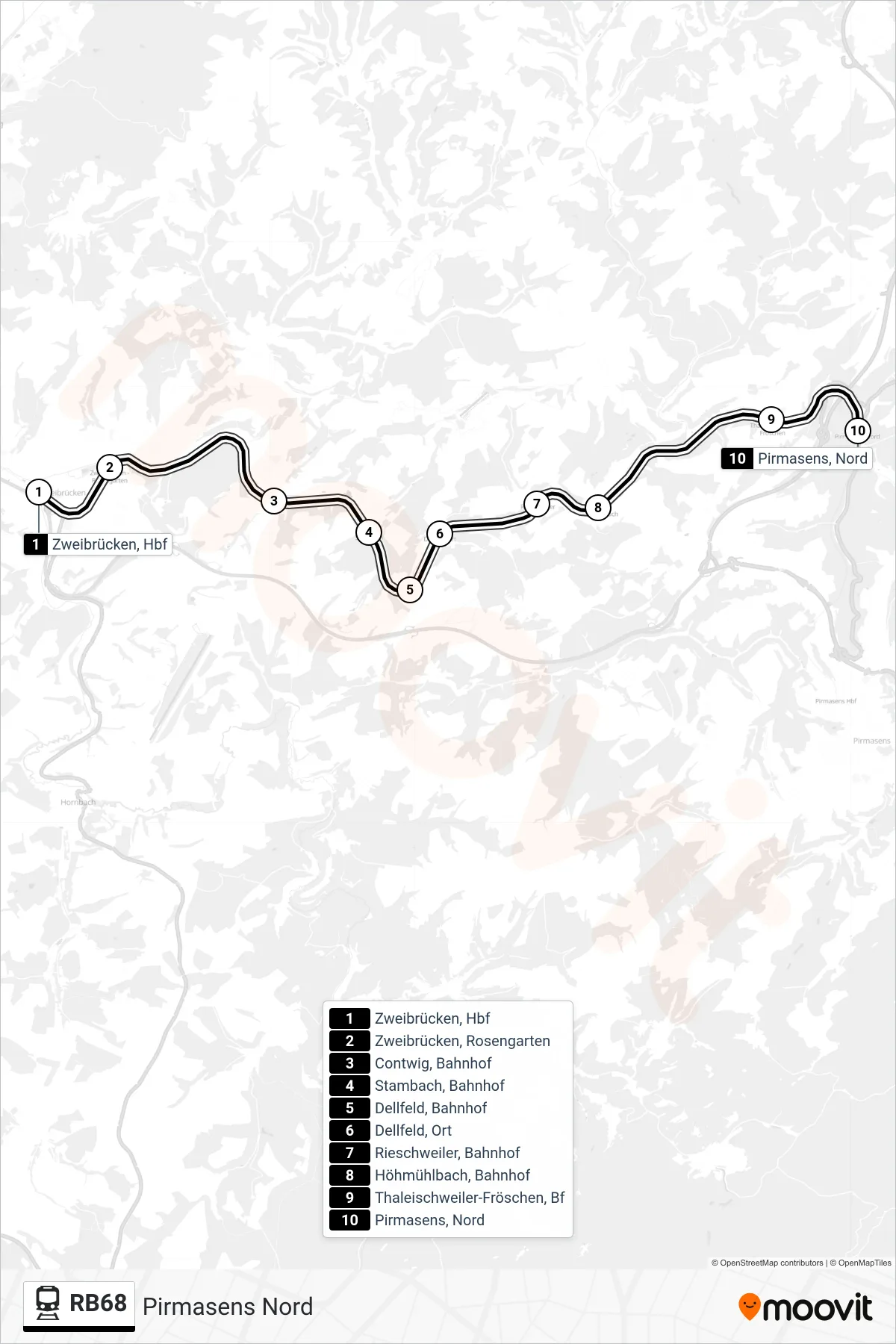 RB68 train Line (Pirmasens Nord) route and stops on a map